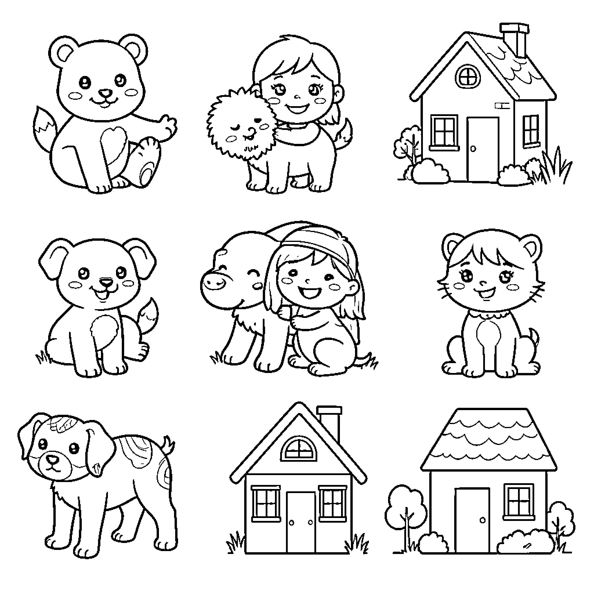 Animal characters and children playing near small houses Coloring Page (free black-and-white line drawing printable PDF for all, from beginners to advanced learners, including children, teens, adults, and seniors)