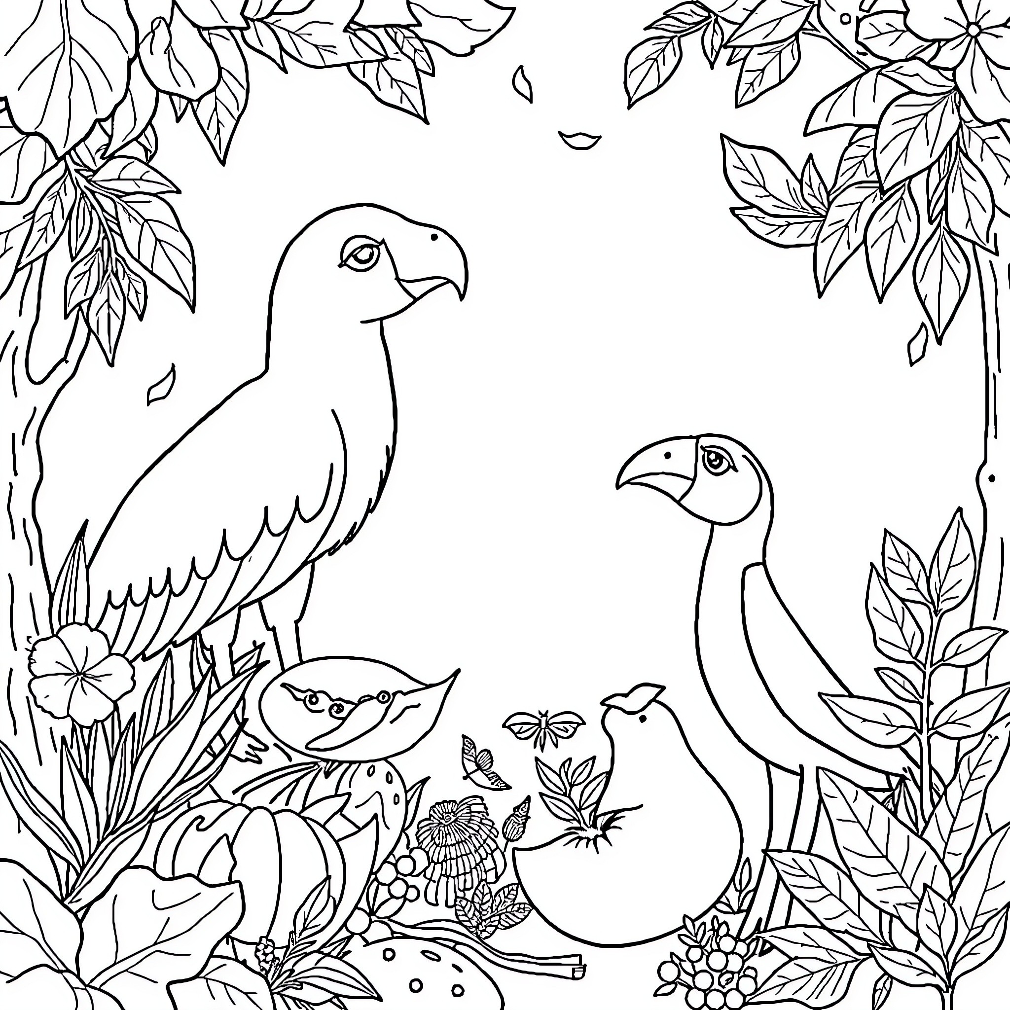 Food Chain in the Tropical Jungle Coloring Page (free black-and-white line drawing printable PDF for all, from beginners to advanced learners, including children, teens, adults, and seniors)