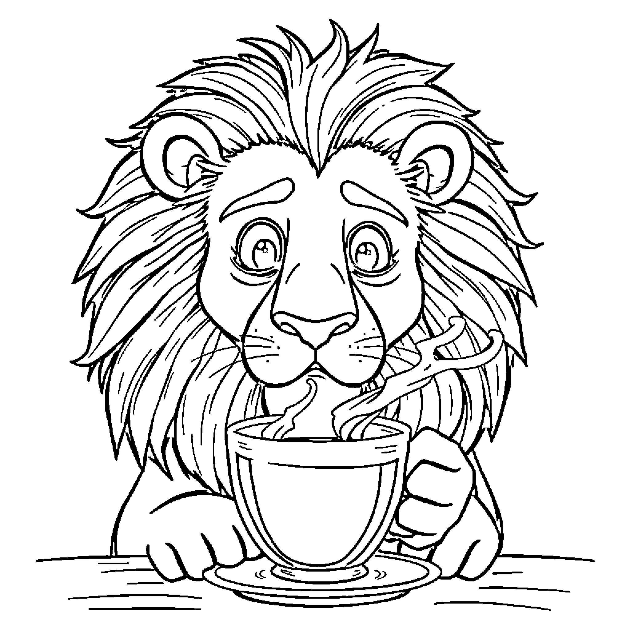Lion enjoying a hot beverage Coloring Page (free black-and-white line drawing printable PDF for all, from beginners to advanced learners, including children, teens, adults, and seniors)