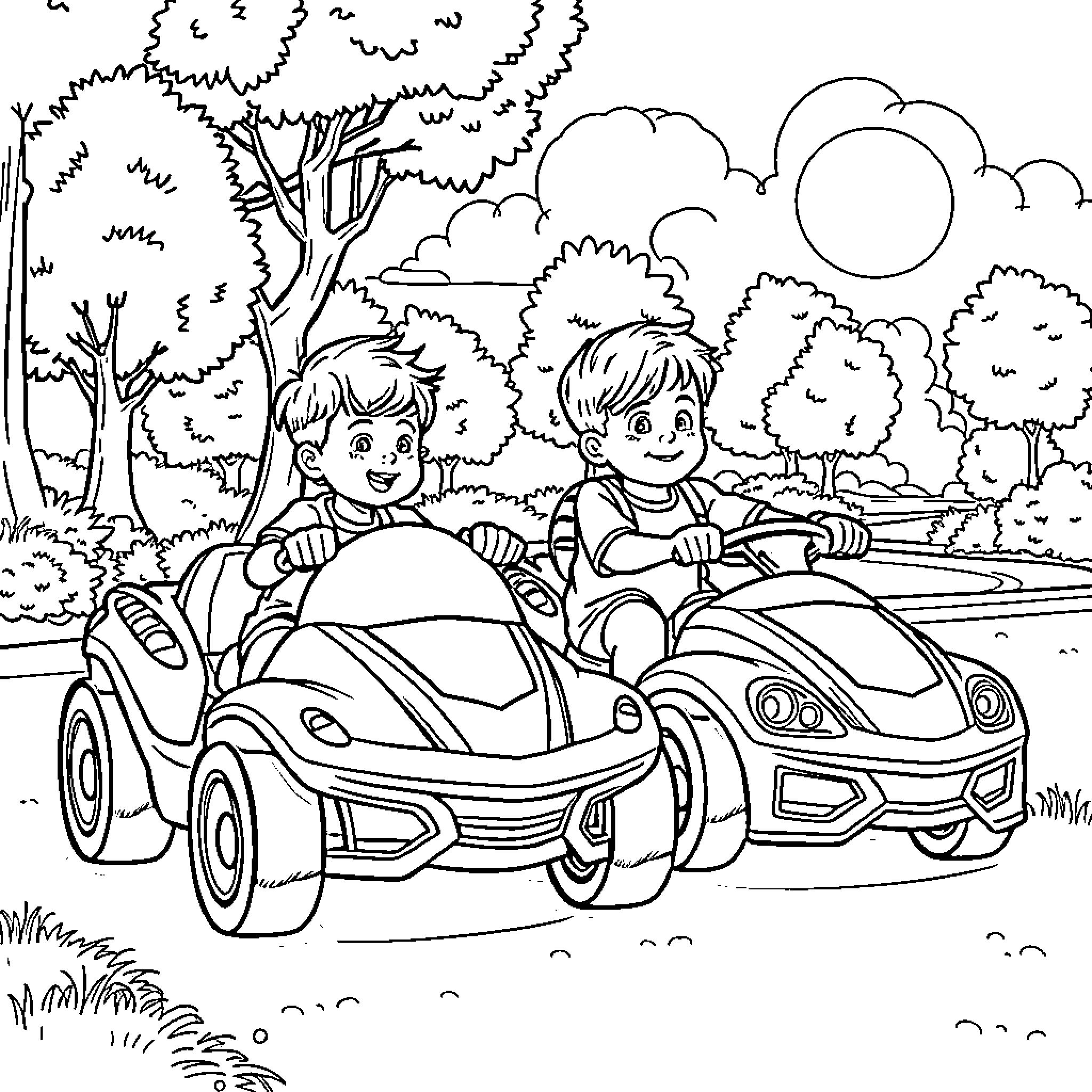Boys riding toy cars in a park Coloring Page (free black-and-white line drawing printable PDF for all, from beginners to advanced learners, including children, teens, adults, and seniors)