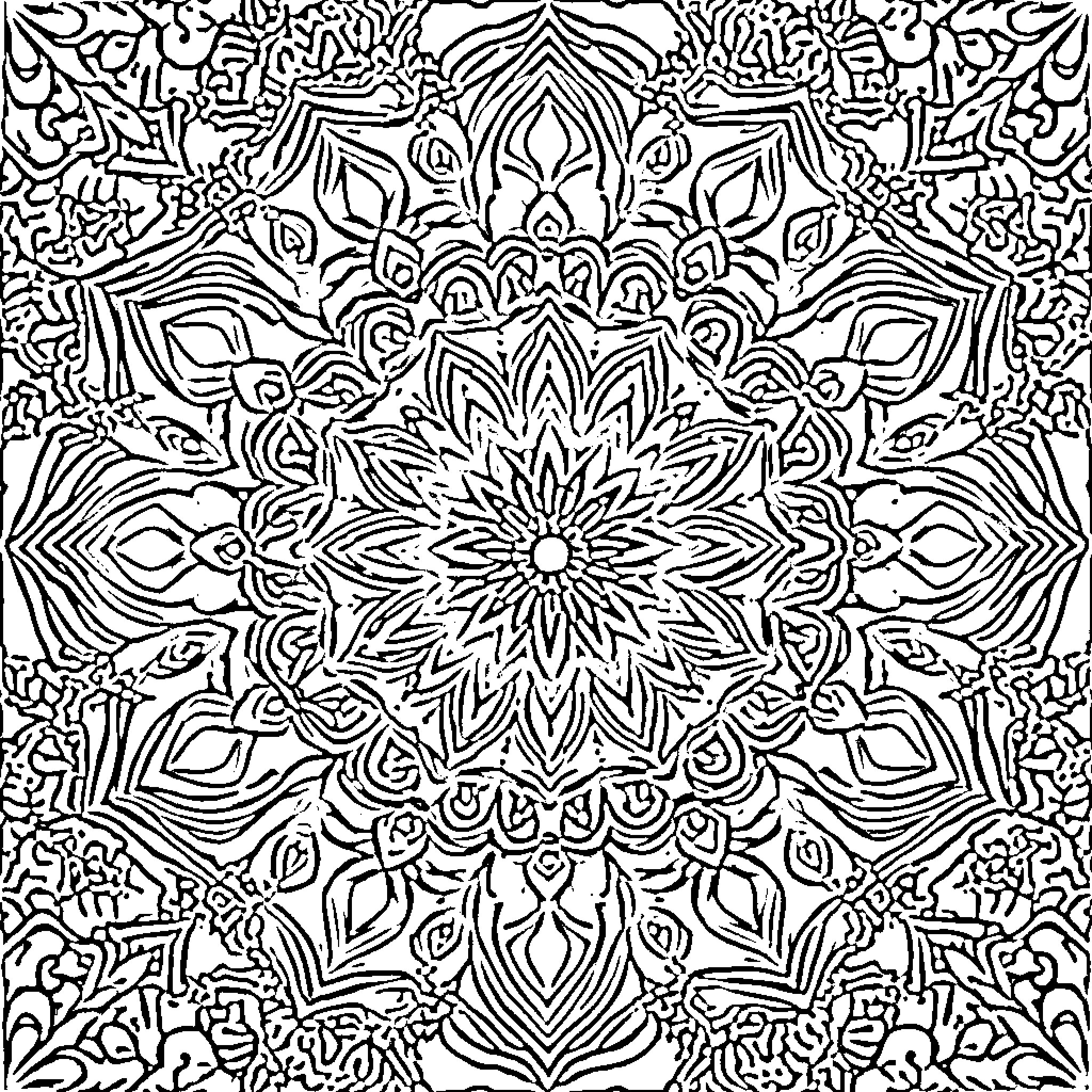 Mandala of intricate floral patterns and symmetry Coloring Page (free black-and-white line drawing printable PDF for all, from beginners to advanced learners, including children, teens, adults, and seniors)