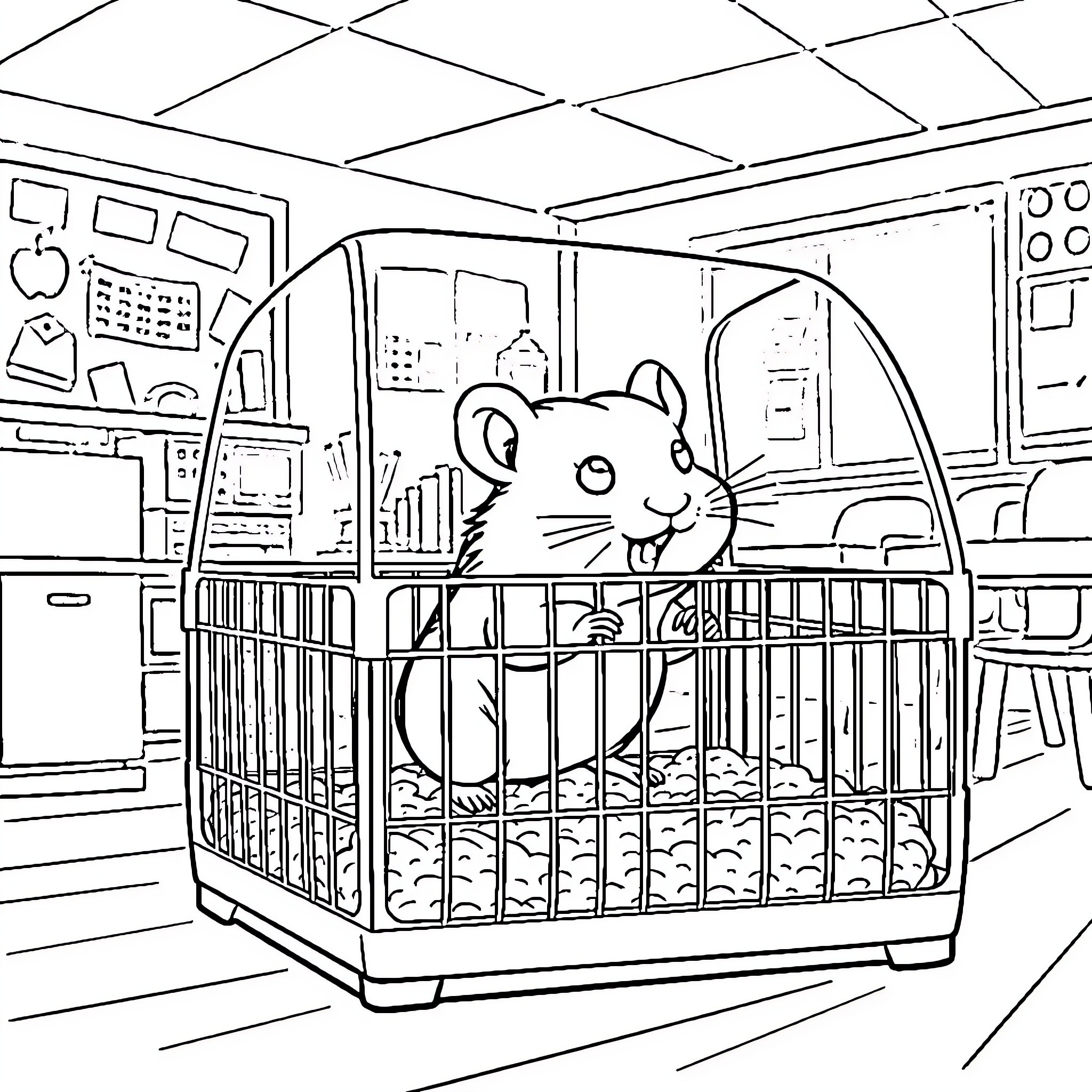 Hamster in a cage in a cluttered office Coloring Page (free black-and-white line drawing printable PDF for all, from beginners to advanced learners, including children, teens, adults, and seniors)