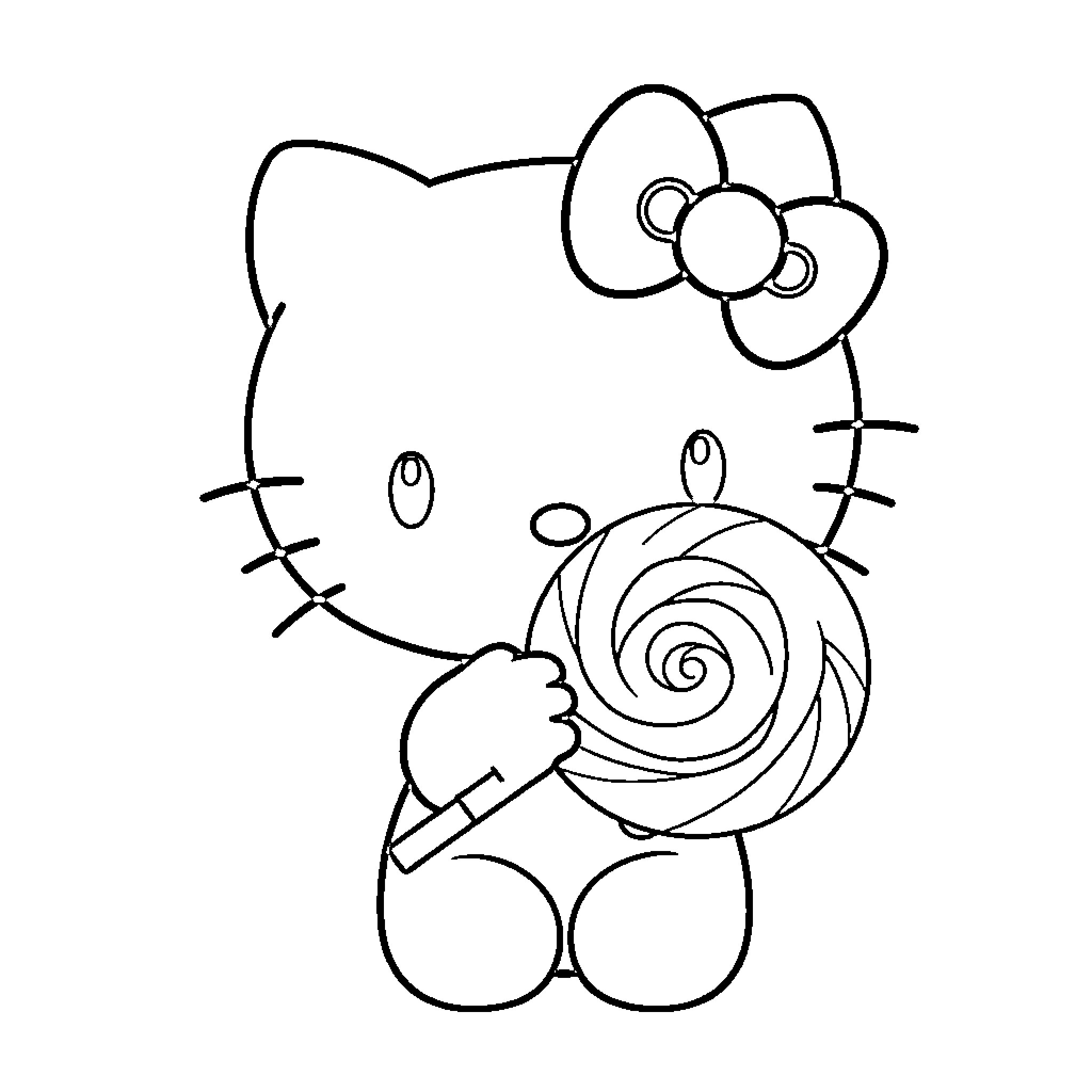 Hello Kitty enjoying a lollipop Coloring Page (free black-and-white line drawing printable PDF for all, from beginners to advanced learners, including children, teens, adults, and seniors)