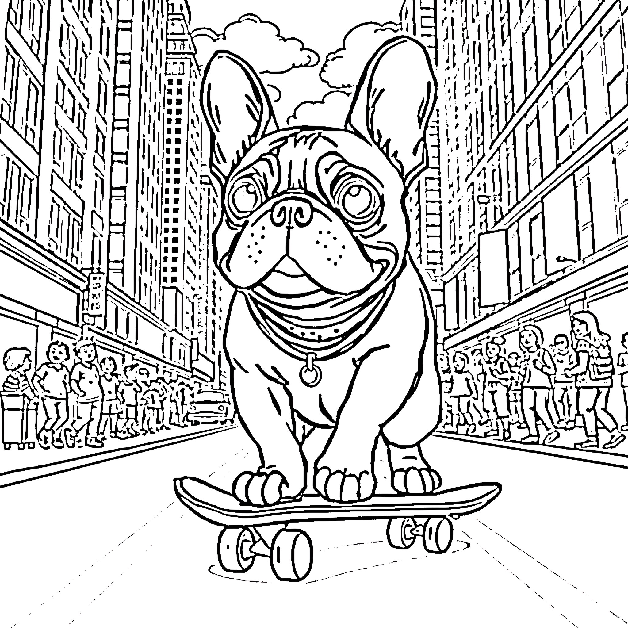 French Bulldog skateboarding through city streets Coloring Page (free black-and-white line drawing printable PDF for all, from beginners to advanced learners, including children, teens, adults, and seniors)