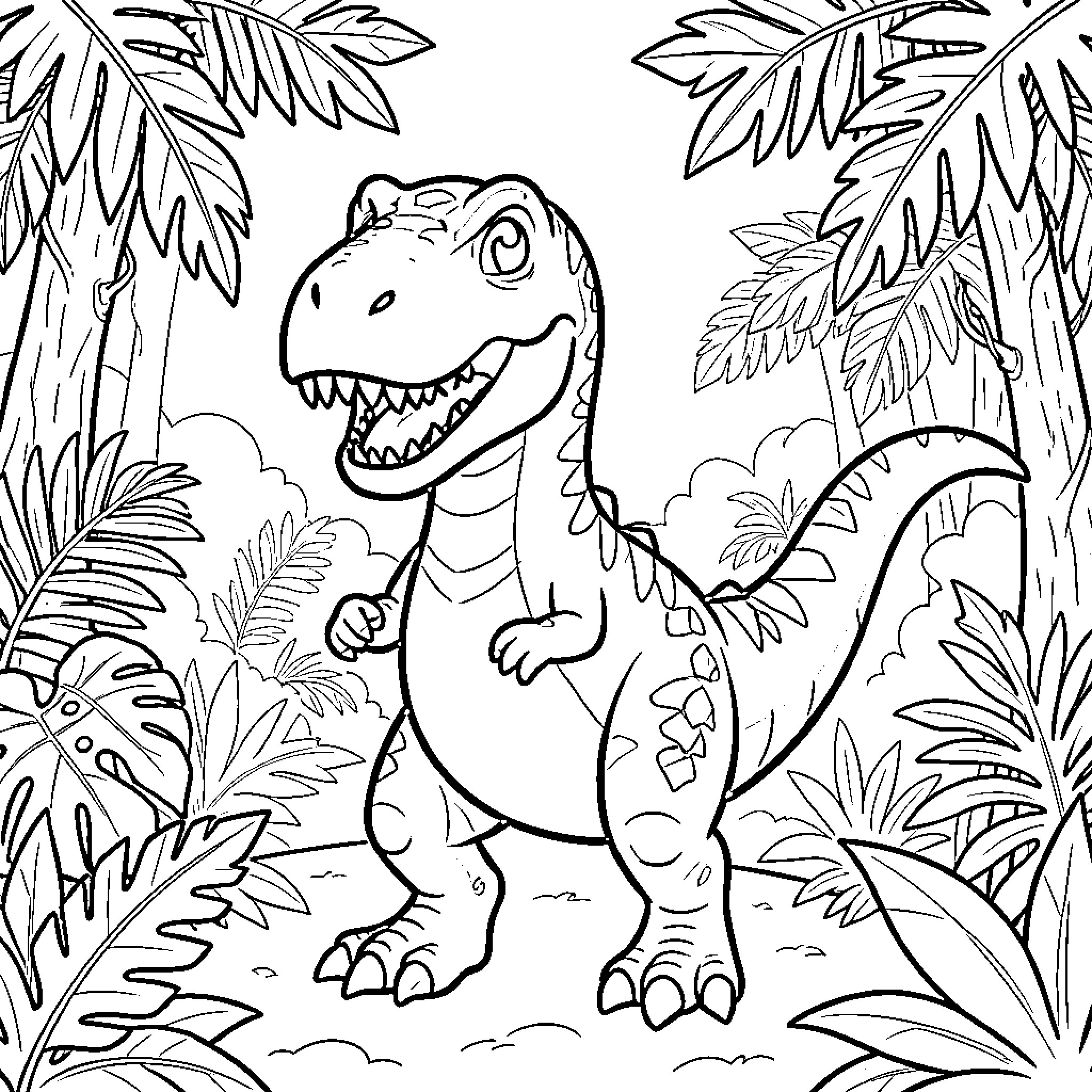 T-Rex roaming through the jungle Coloring Page (free black-and-white line drawing printable PDF for all, from beginners to advanced learners, including children, teens, adults, and seniors)