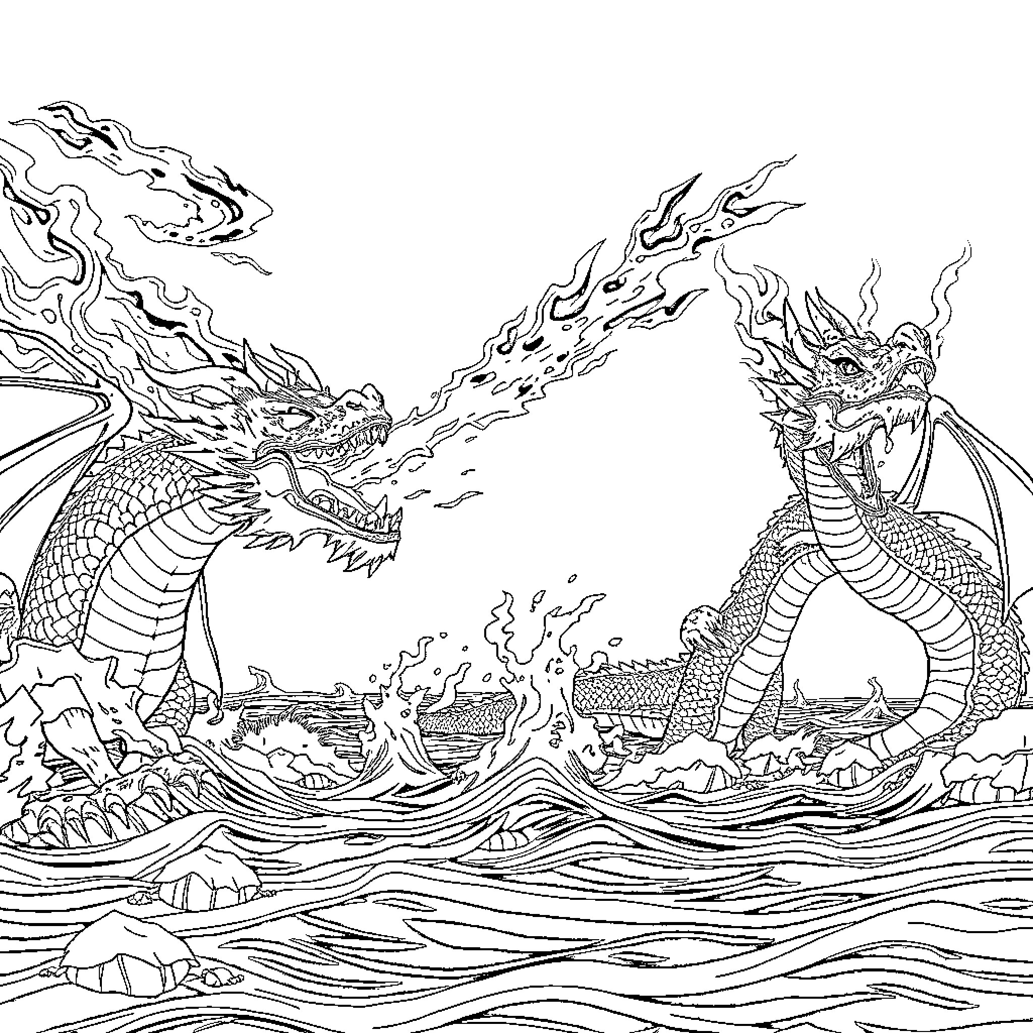 Dragon Duo Battling Fierce Fire in the Waves Coloring Page (free black-and-white line drawing printable PDF for all, from beginners to advanced learners, including children, teens, adults, and seniors)
