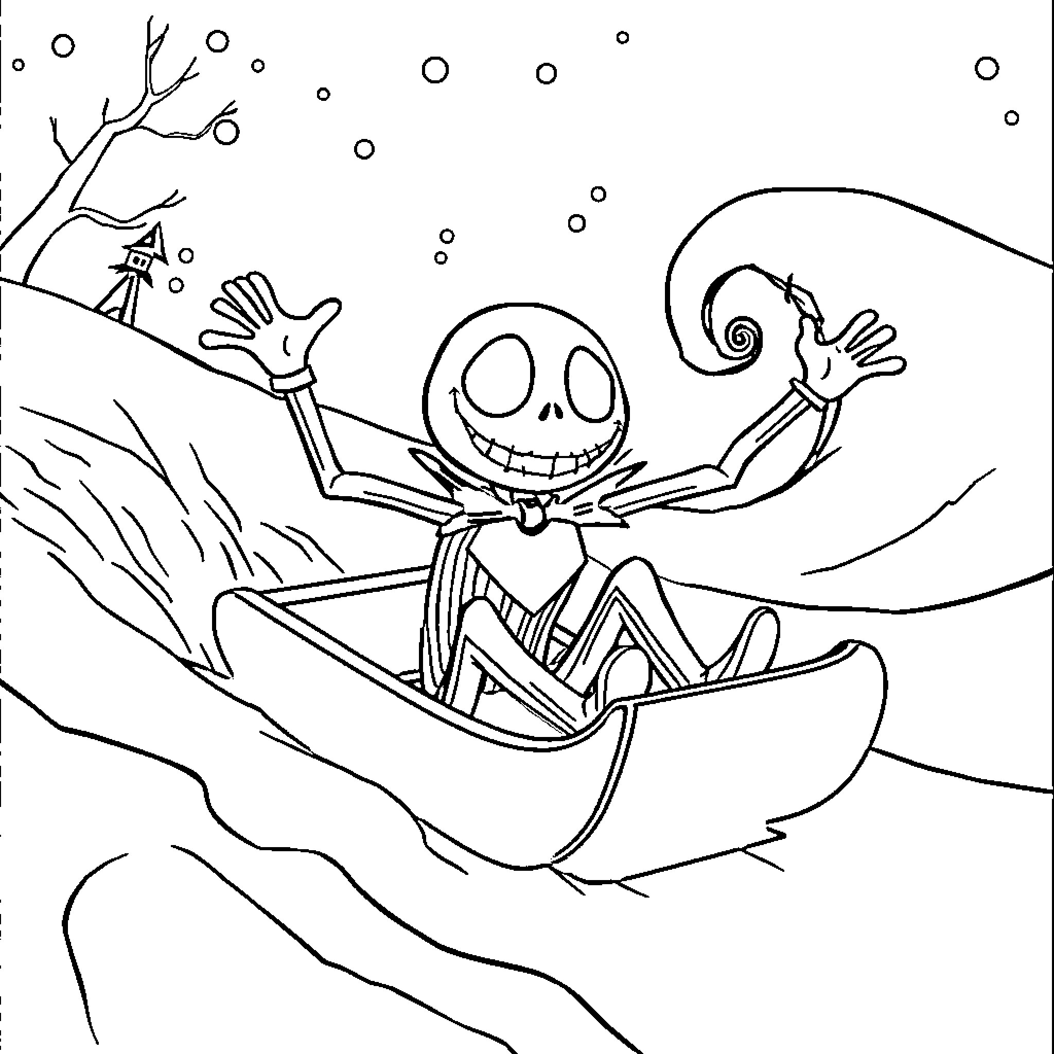 Jack Skellington riding a winter sled in snowy landscape Coloring Page (free black-and-white line drawing printable PDF for all, from beginners to advanced learners, including children, teens, adults, and seniors)