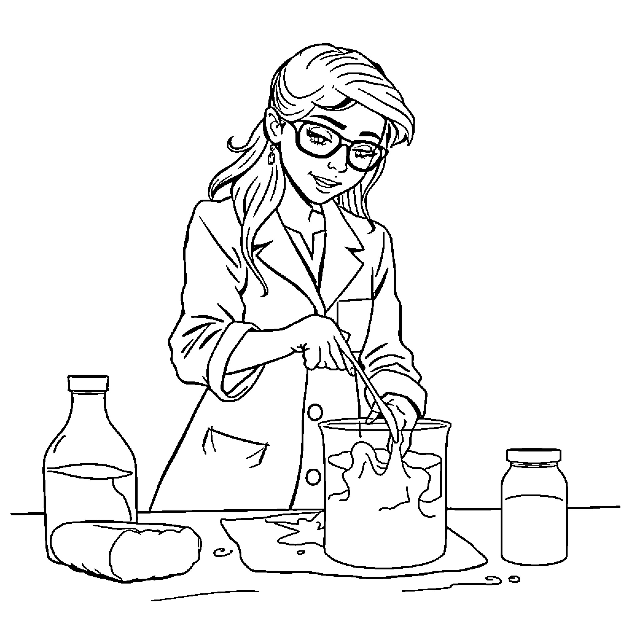 Scientist conducting an experiment in the lab Coloring Page (free black-and-white line drawing printable PDF for all, from beginners to advanced learners, including children, teens, adults, and seniors)