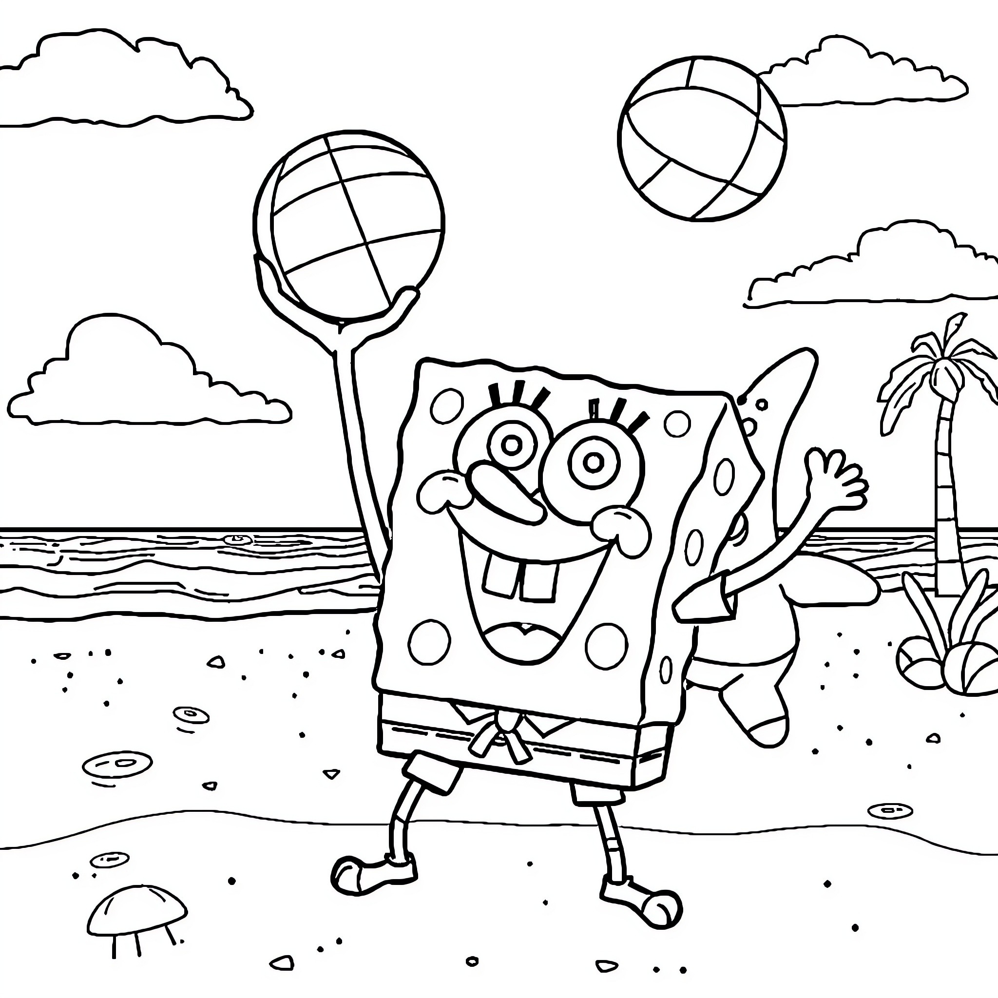 Spongebob playing happily on the beach Coloring Page (free black-and-white line drawing printable PDF for all, from beginners to advanced learners, including children, teens, adults, and seniors)