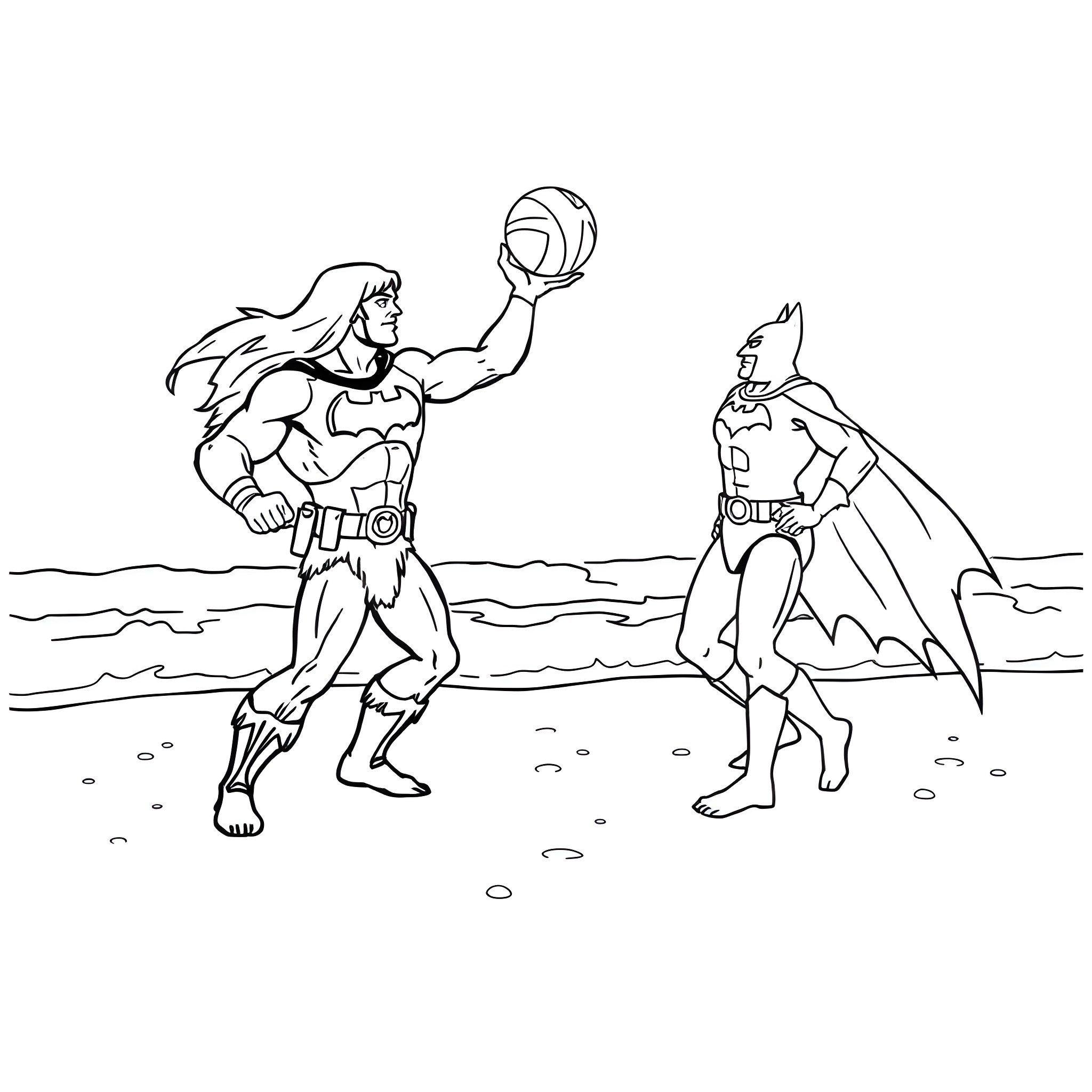 He-Man and Batman in an epic showdown Coloring Page (free black-and-white line drawing printable PDF for all, from beginners to advanced learners, including children, teens, adults, and seniors)