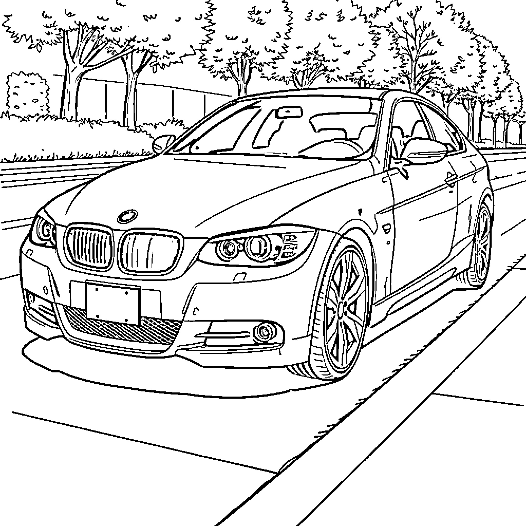 Car driving on road through scenic park Coloring Page (free black-and-white line drawing printable PDF for all, from beginners to advanced learners, including children, teens, adults, and seniors)