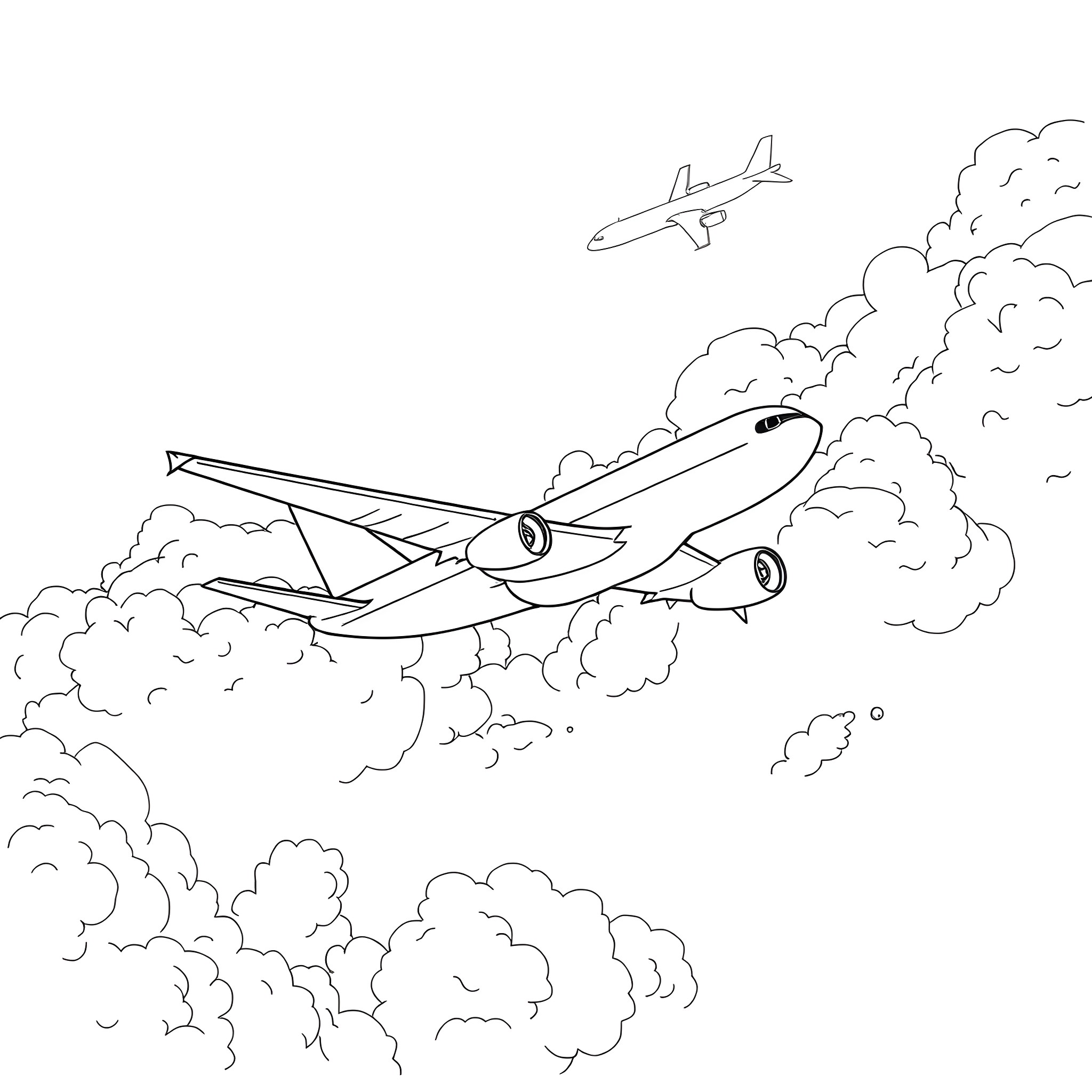 Airplane soaring through cloudy skies Coloring Page (free black-and-white line drawing printable PDF for all, from beginners to advanced learners, including children, teens, adults, and seniors)