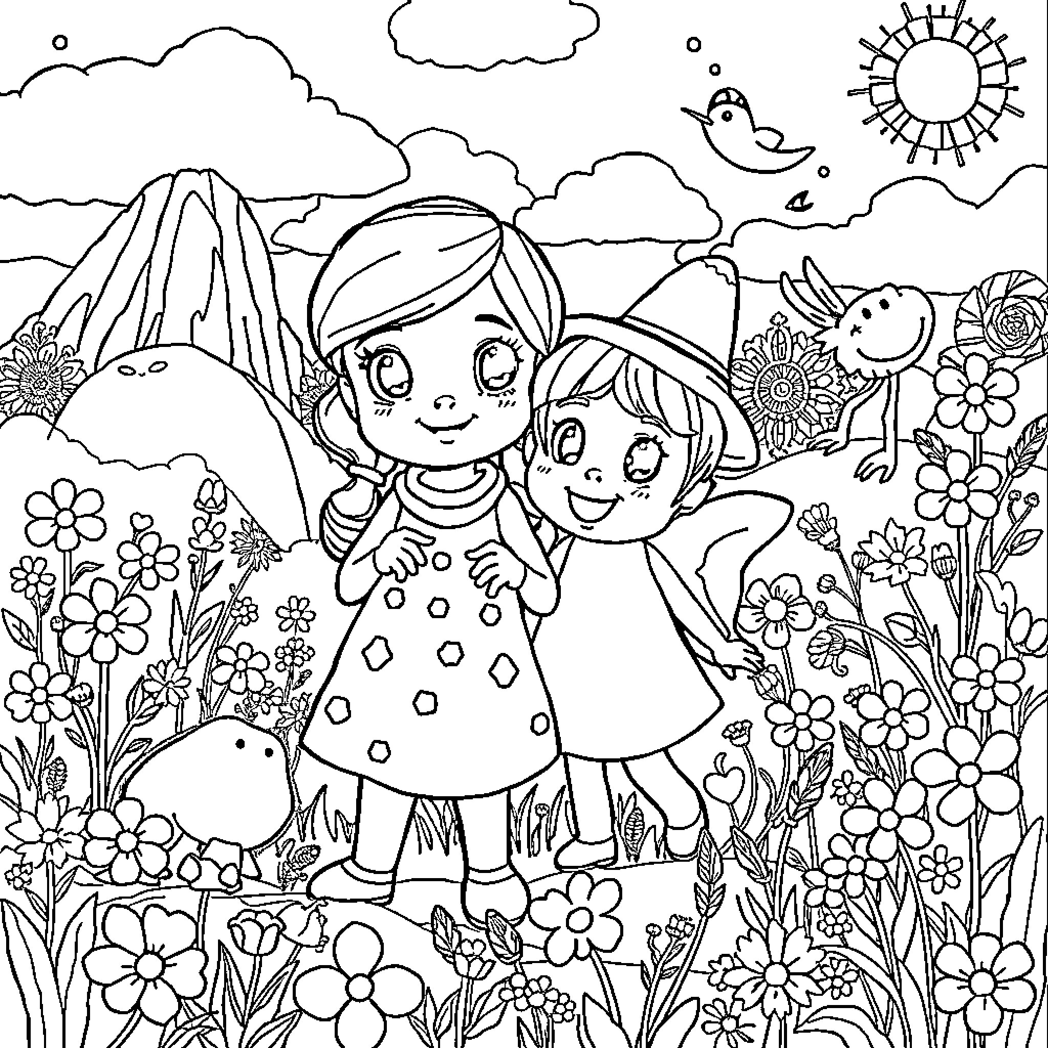 Pebbles of Friendship and Imagination Coloring Page (free black-and-white line drawing printable PDF for all, from beginners to advanced learners, including children, teens, adults, and seniors)