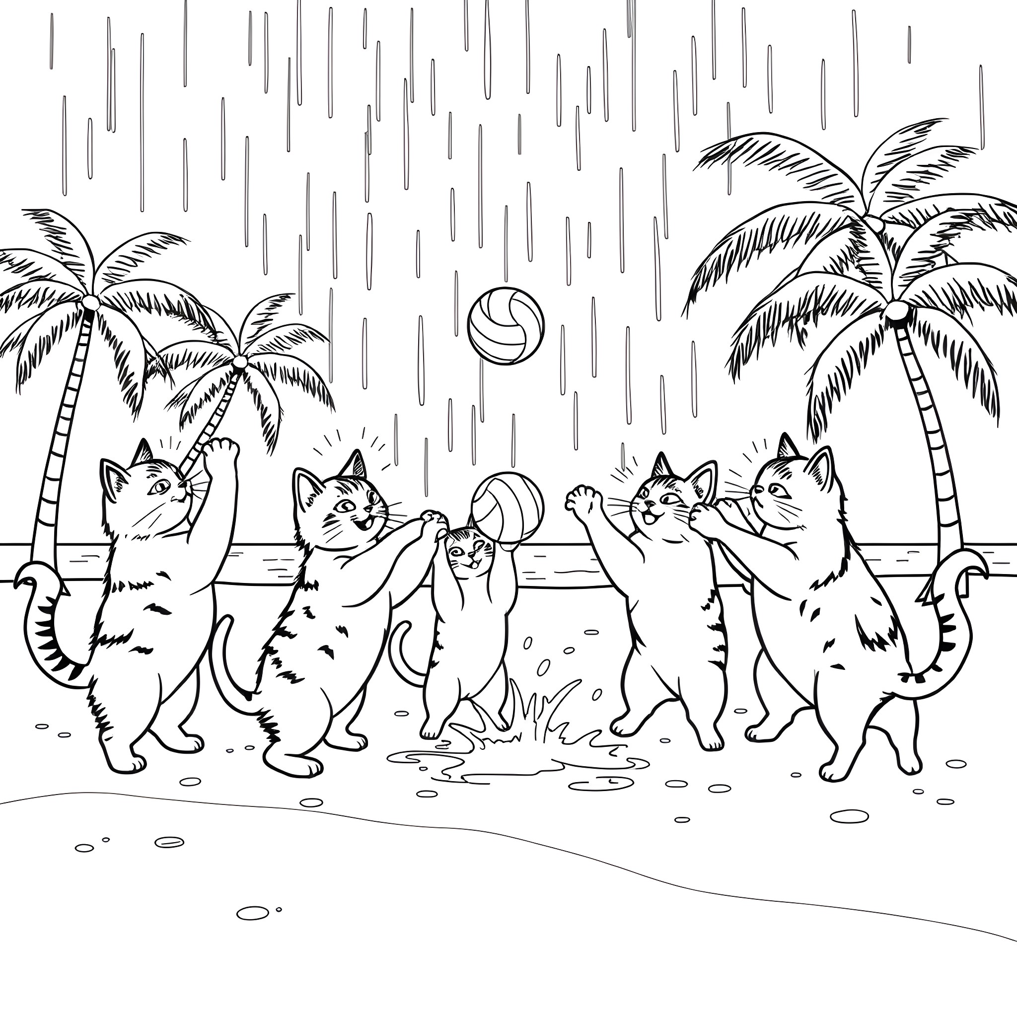 Cats playing joyfully in the tropical rain Coloring Page (free black-and-white line drawing printable PDF for all, from beginners to advanced learners, including children, teens, adults, and seniors)