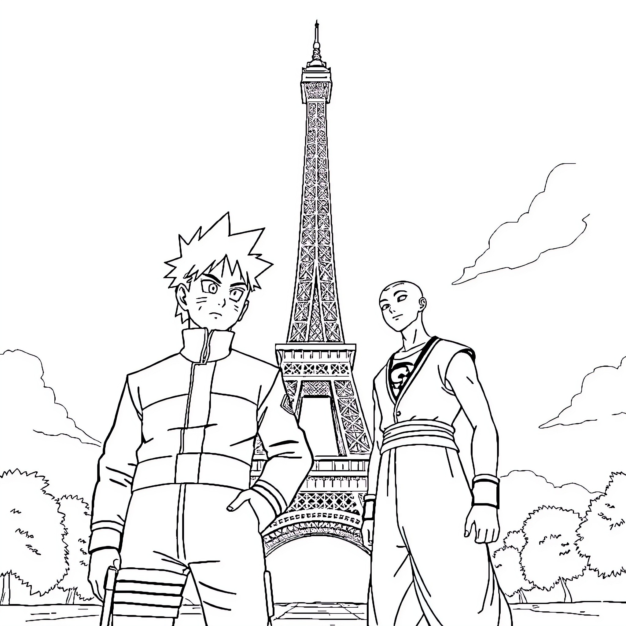 Naruto characters visit Eiffel Tower in Paris Coloring Page (free black-and-white line drawing printable PDF for all, from beginners to advanced learners, including children, teens, adults, and seniors)