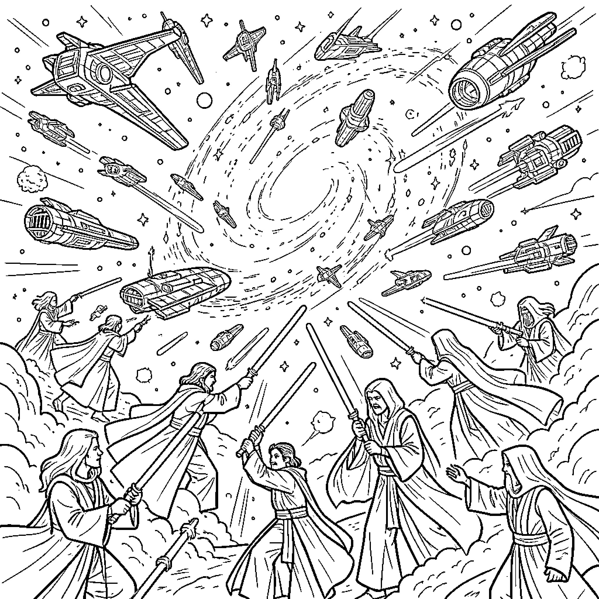 Star Wars: Intergalactic Battle Amid Cosmic Chaos Coloring Page (free black-and-white line drawing printable PDF for all, from beginners to advanced learners, including children, teens, adults, and seniors)