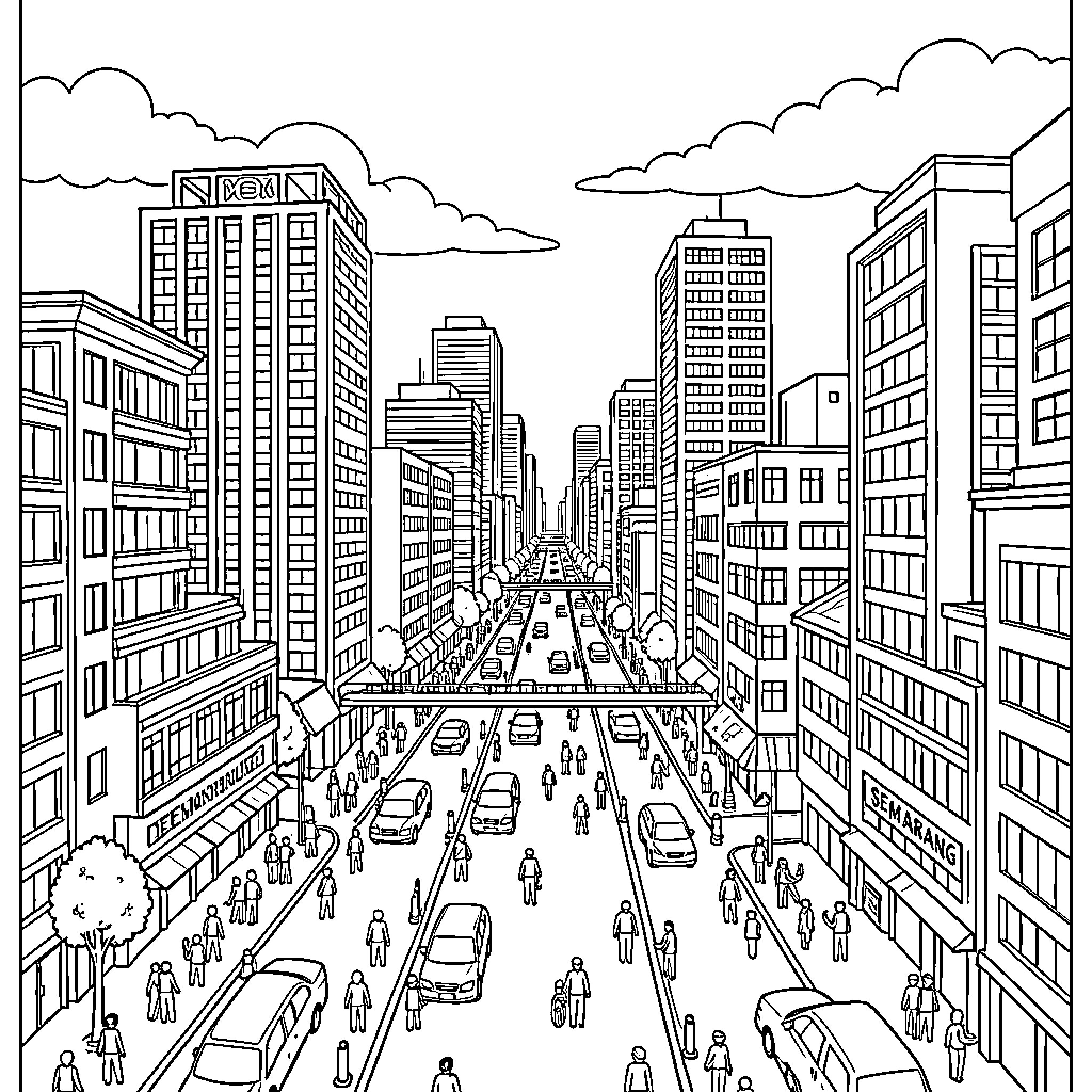Semarang cityscape featuring busy streets and tall buildings Coloring Page (free black-and-white line drawing printable PDF for all, from beginners to advanced learners, including children, teens, adults, and seniors)