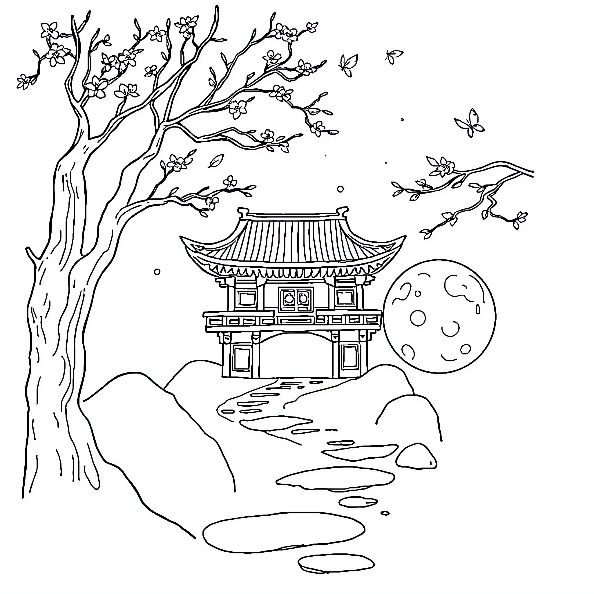 Penguin enjoying the tranquil Japanese scenery Coloring Page (free black-and-white line drawing printable PDF for all, from beginners to advanced learners, including children, teens, adults, and seniors)