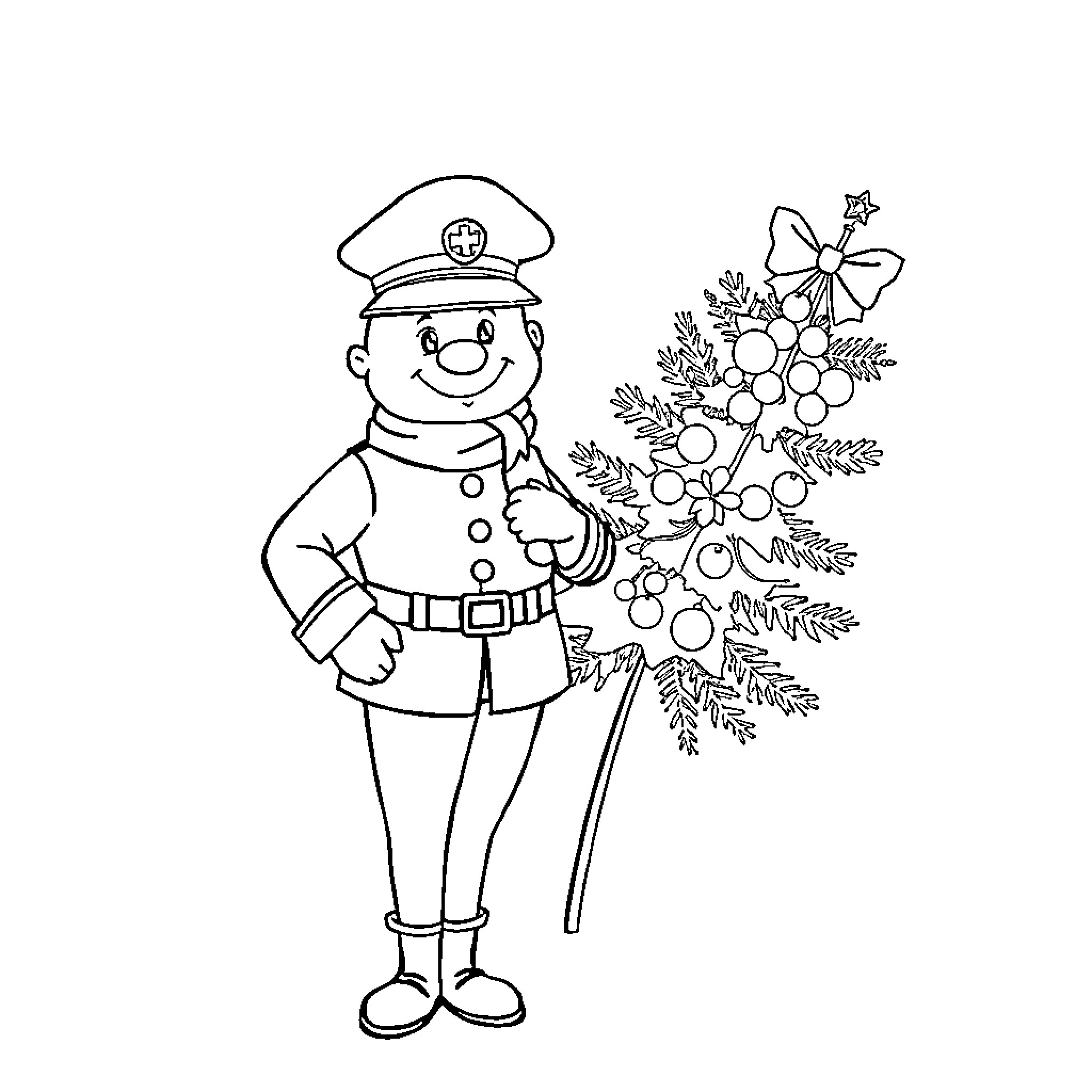Firefighter decorating holiday tree with ornaments Coloring Page (free black-and-white line drawing printable PDF for all, from beginners to advanced learners, including children, teens, adults, and seniors)