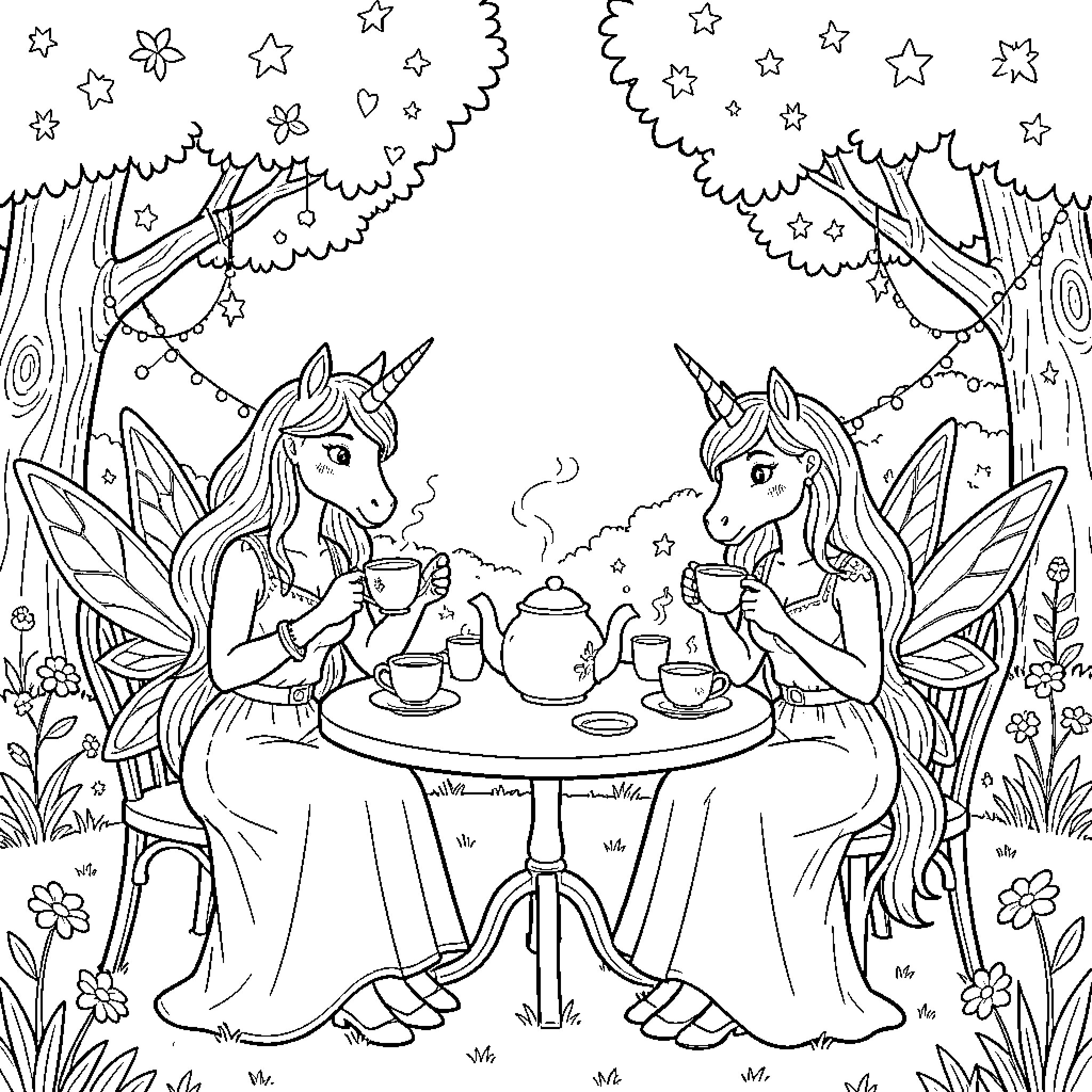 Unicorns having a tea party in a magical forest Coloring Page (free black-and-white line drawing printable PDF for all, from beginners to advanced learners, including children, teens, adults, and seniors)