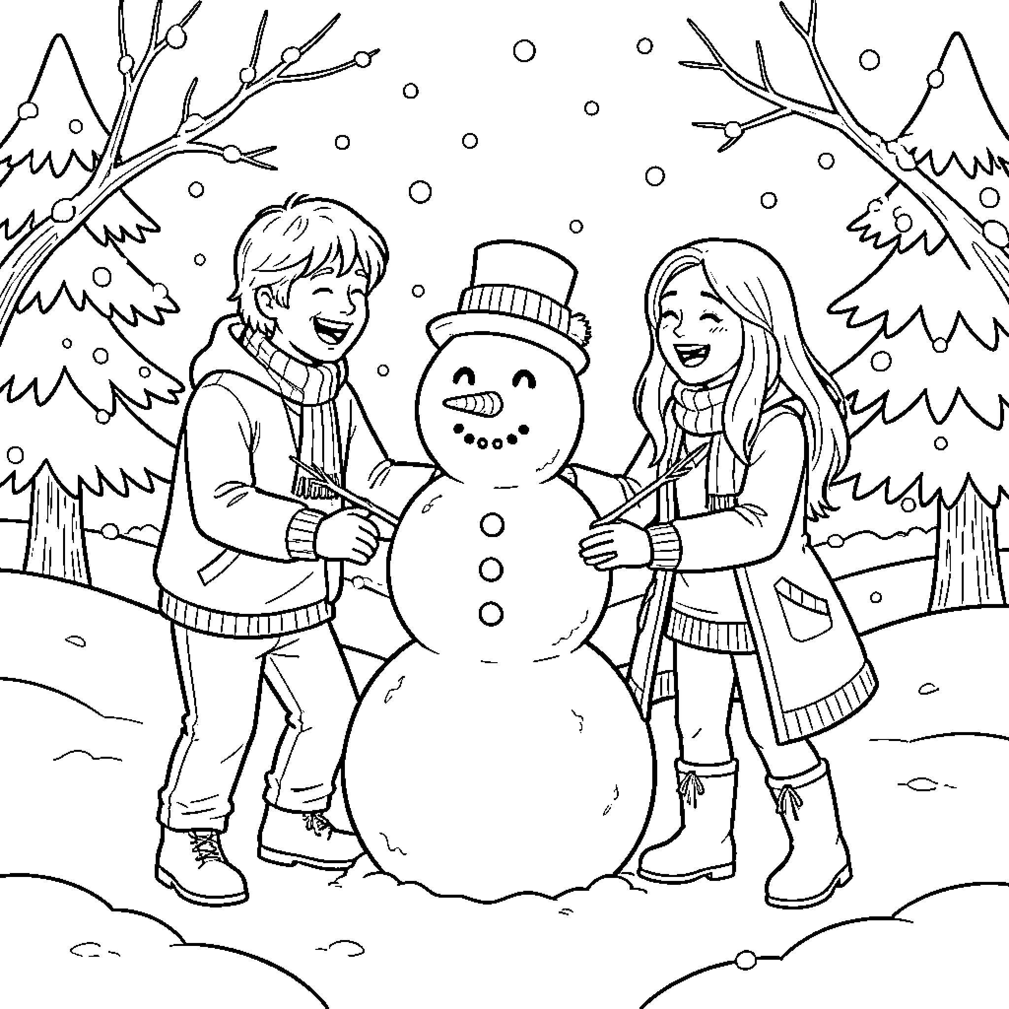 Ron and Hermione building a snowman in the snow Coloring Page (free black-and-white line drawing printable PDF for all, from beginners to advanced learners, including children, teens, adults, and seniors)