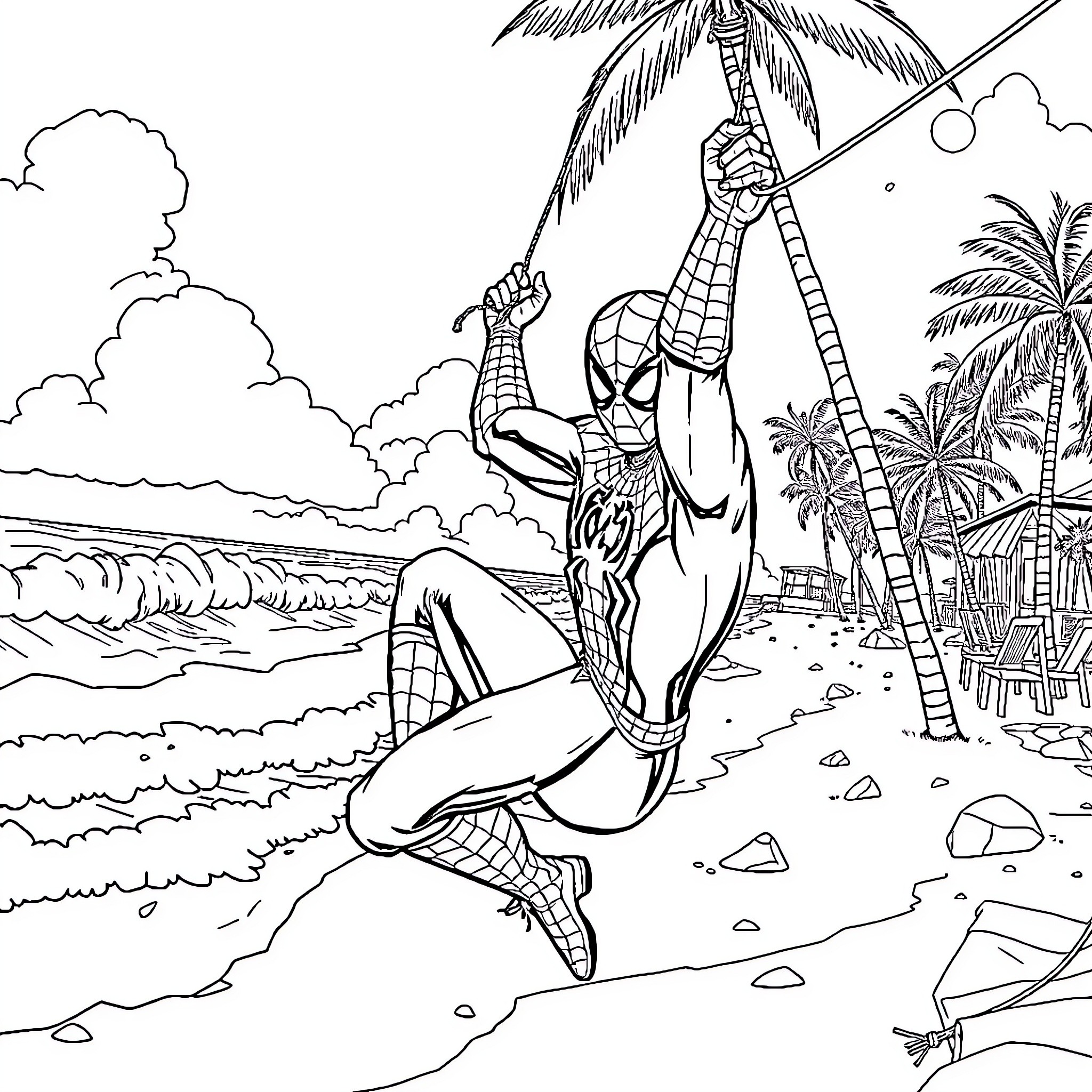 Spiderman swinging through a tropical beach scene Coloring Page (free black-and-white line drawing printable PDF for all, from beginners to advanced learners, including children, teens, adults, and seniors)