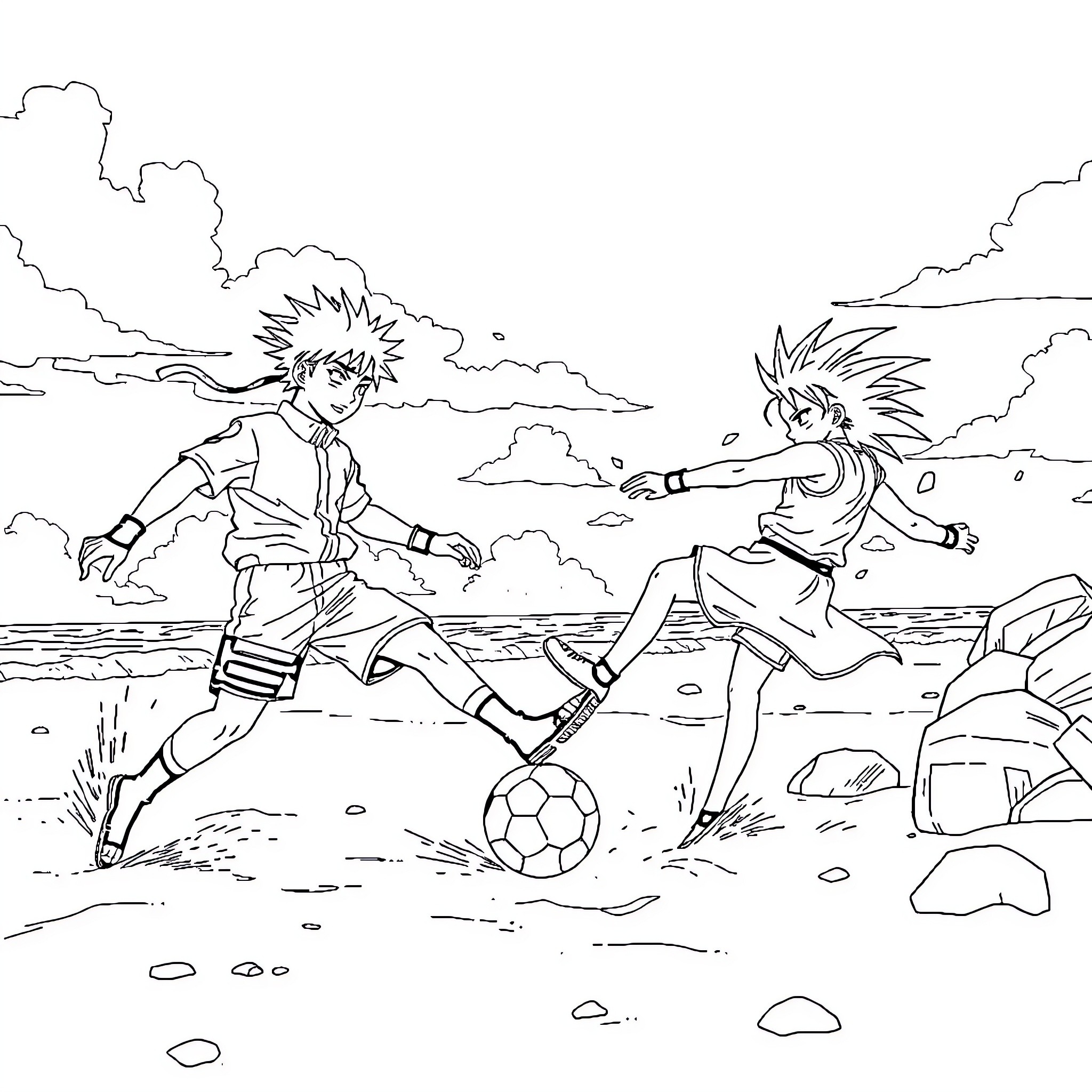 Naruto characters playing soccer in the field Coloring Page (free black-and-white line drawing printable PDF for all, from beginners to advanced learners, including children, teens, adults, and seniors)