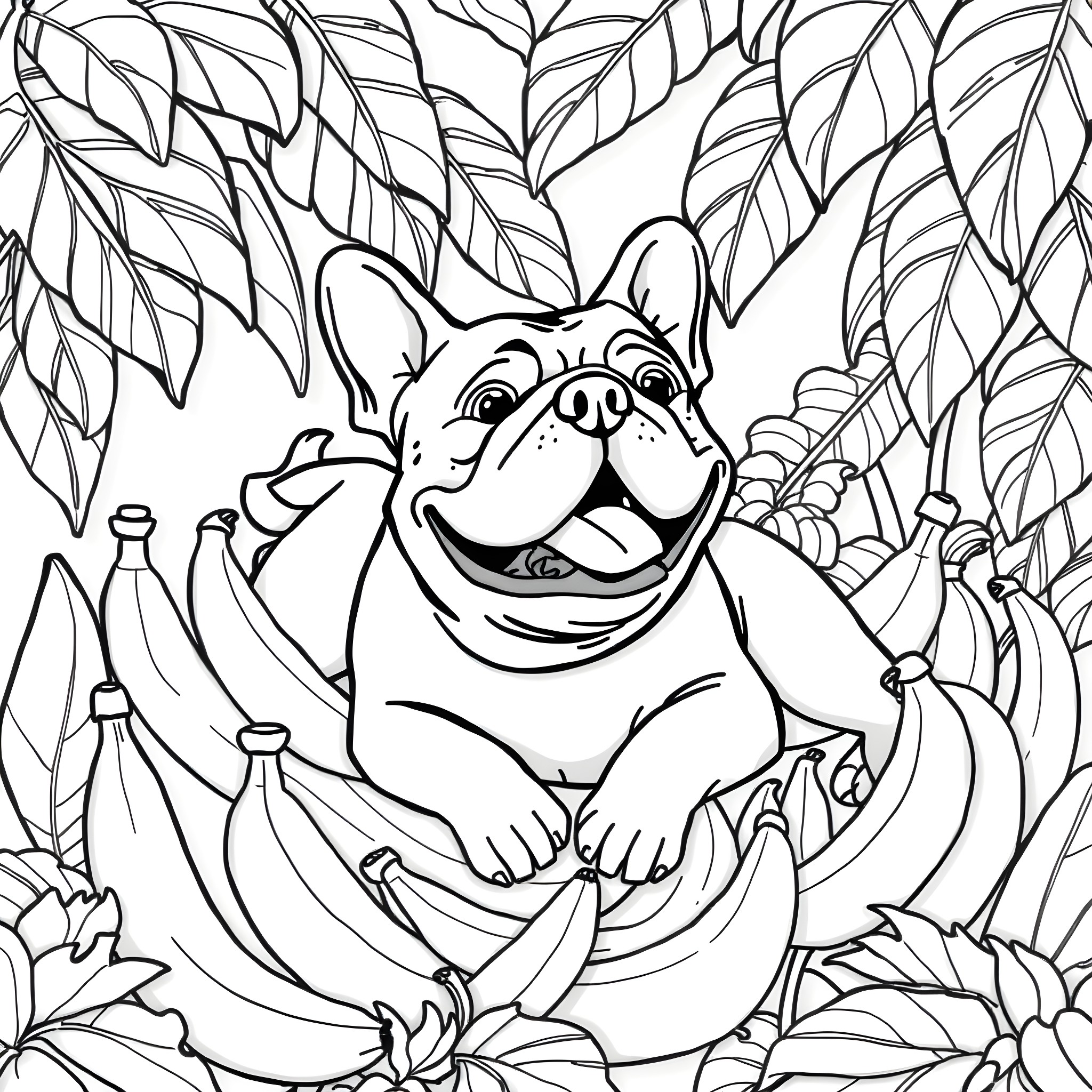 Bulldog relaxing in the lush foliage Coloring Page (free black-and-white line drawing printable PDF for all, from beginners to advanced learners, including children, teens, adults, and seniors)