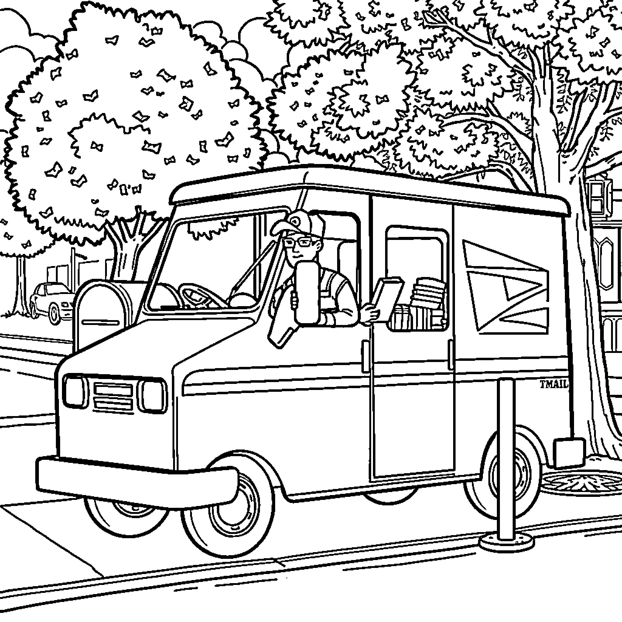 Mailman delivering packages in the neighborhood Coloring Page (free black-and-white line drawing printable PDF for all, from beginners to advanced learners, including children, teens, adults, and seniors)