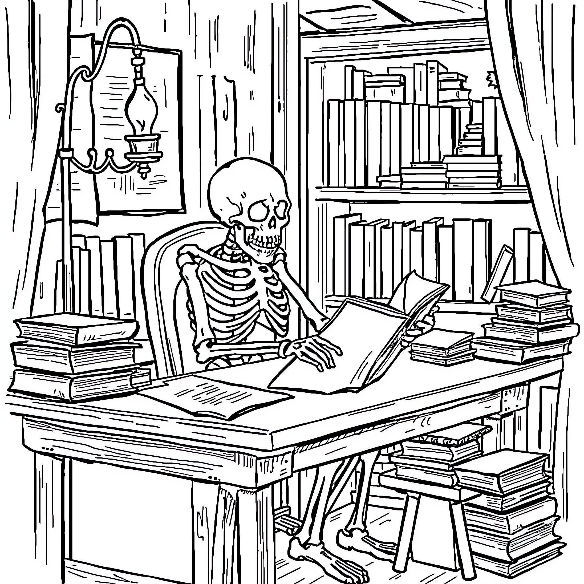 Skeleton studying intently in a cozy library Coloring Page (free black-and-white line drawing printable PDF for all, from beginners to advanced learners, including children, teens, adults, and seniors)
