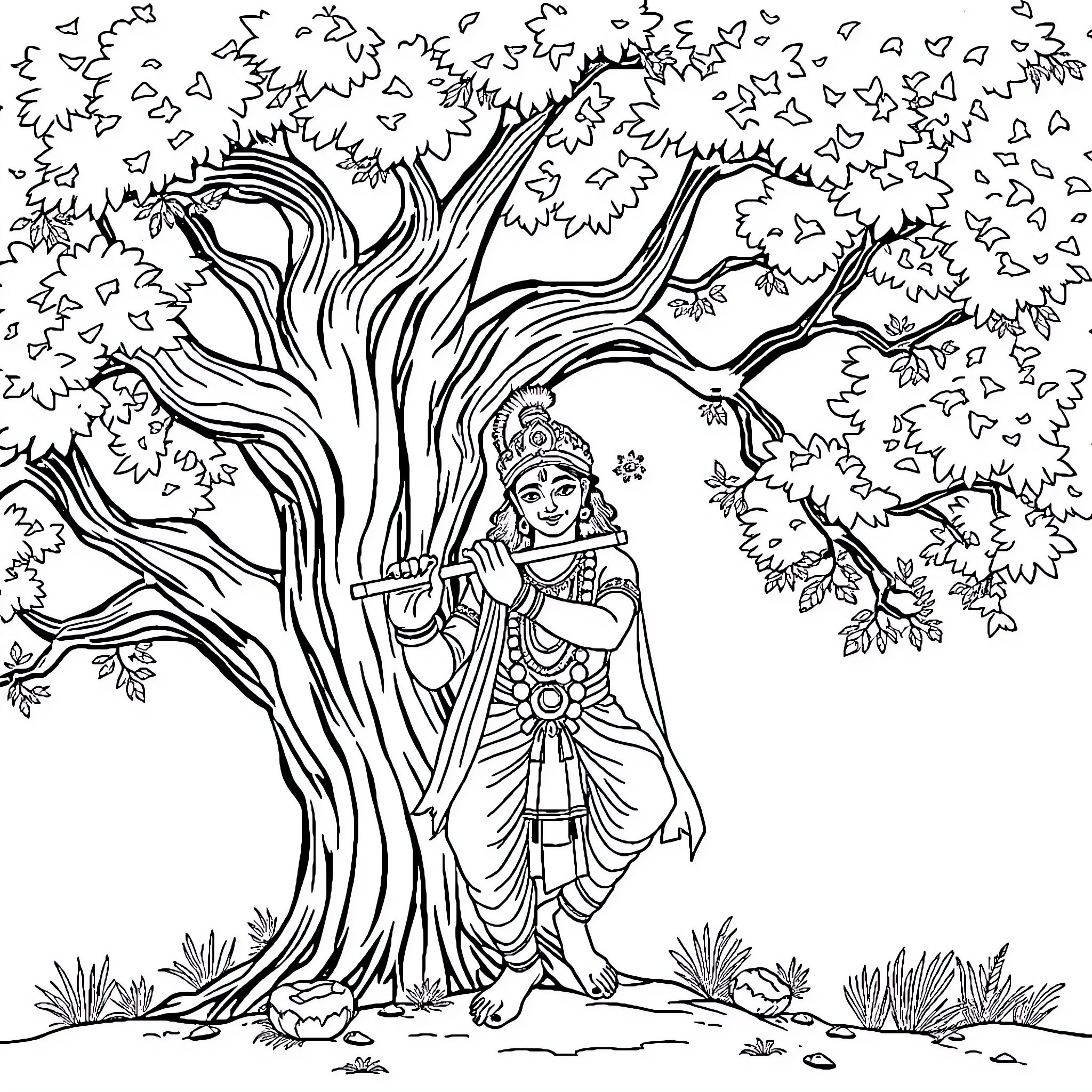Krishna playing his flute in the forest Coloring Page (free black-and-white line drawing printable PDF for all, from beginners to advanced learners, including children, teens, adults, and seniors)