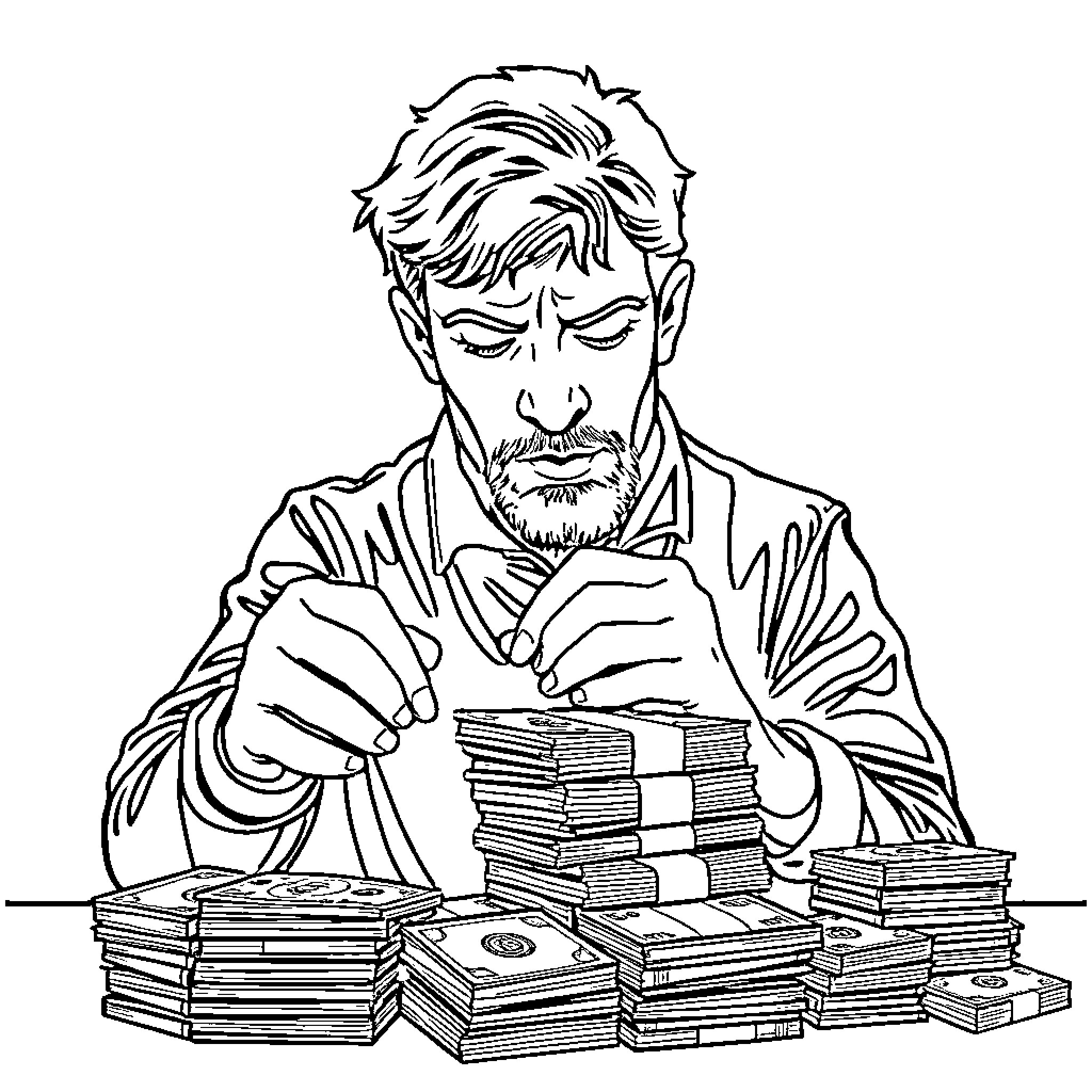 Money Counting by Businessman in Formal Attire Coloring Page (free black-and-white line drawing printable PDF for all, from beginners to advanced learners, including children, teens, adults, and seniors)