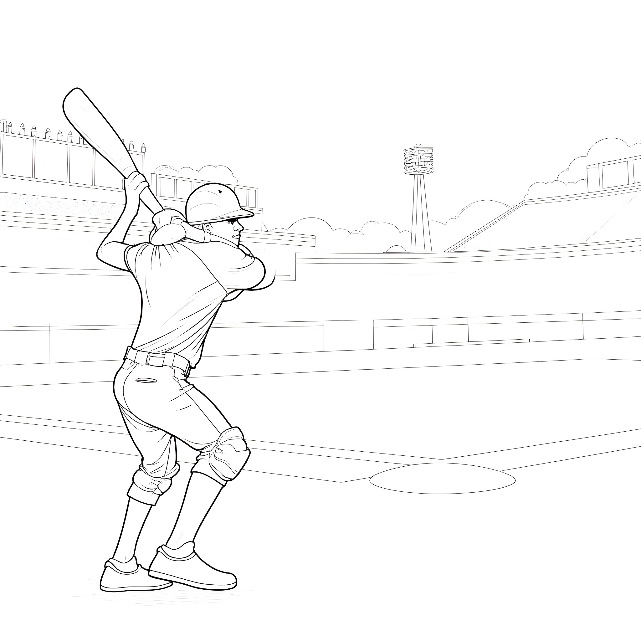 Mfdoom batting in a baseball stadium Coloring Page (free black-and-white line drawing printable PDF for all, from beginners to advanced learners, including children, teens, adults, and seniors)