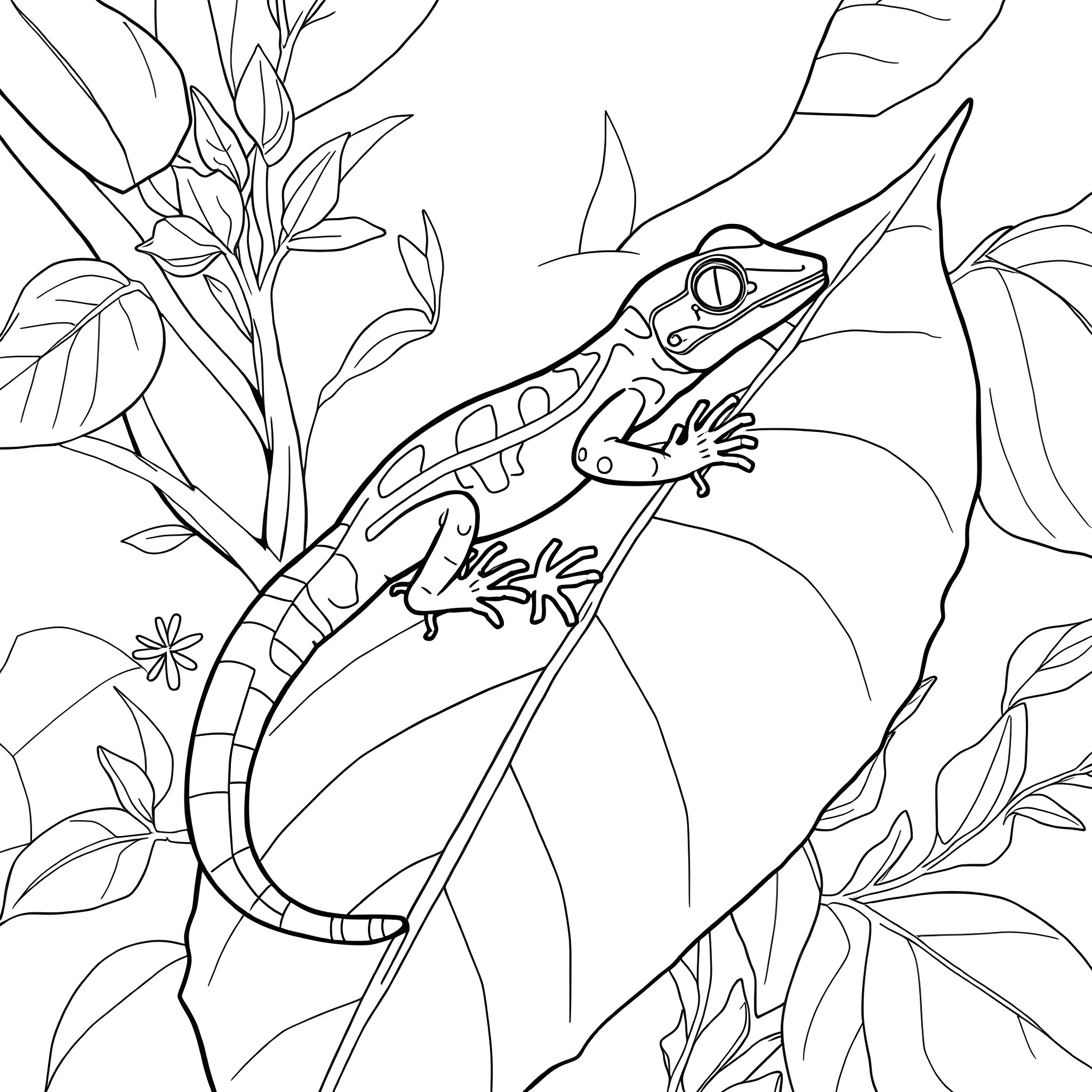 Emerald Tree Skink exploring foliage Coloring Page (free black-and-white line drawing printable PDF for all, from beginners to advanced learners, including children, teens, adults, and seniors)