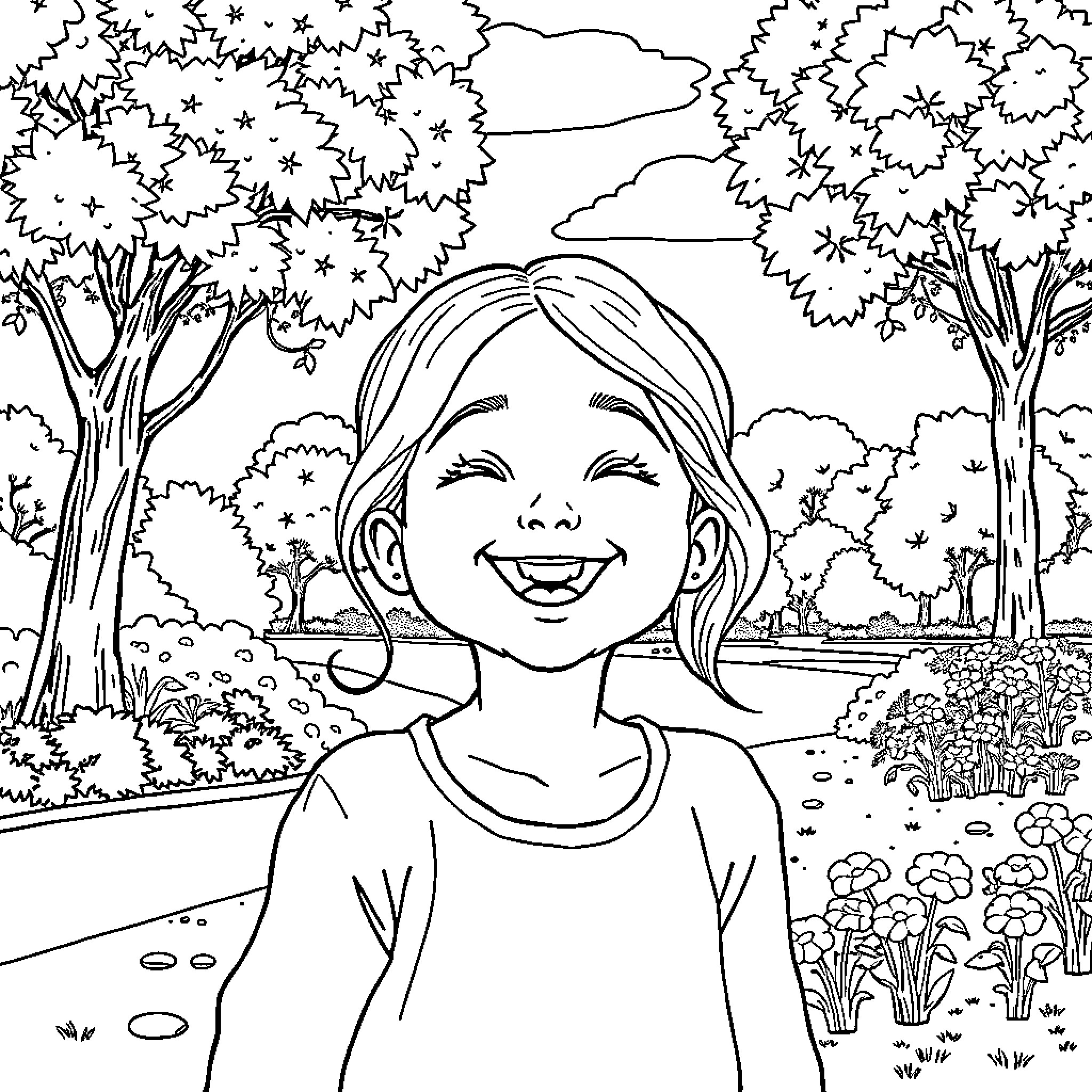 Emilia's Joyful Stroll Through the Enchanting Forest Coloring Page (free black-and-white line drawing printable PDF for all, from beginners to advanced learners, including children, teens, adults, and seniors)