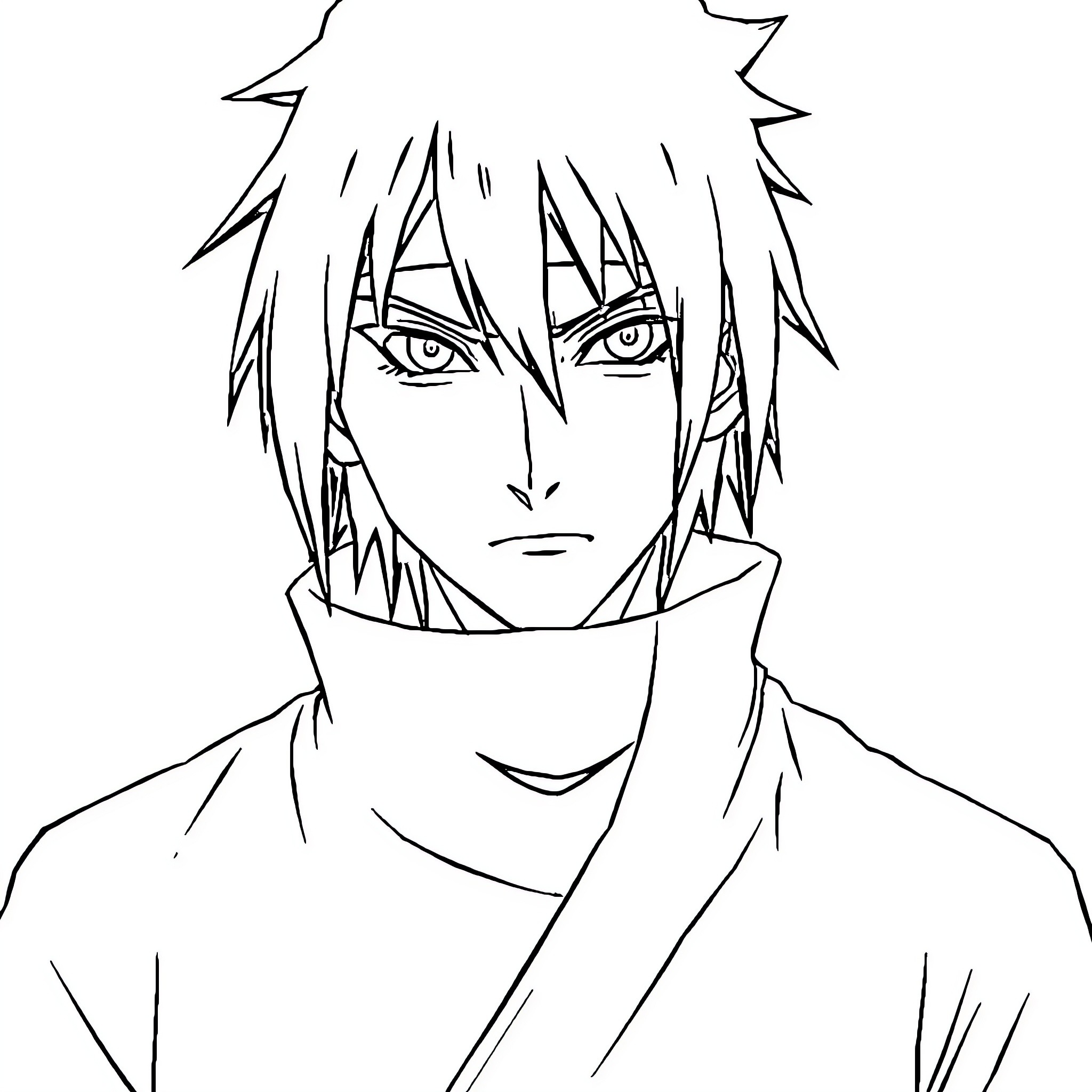 Sasuke's Determined Expression and Anime-Style Attire Coloring Page (free black-and-white line drawing printable PDF for all, from beginners to advanced learners, including children, teens, adults, and seniors)