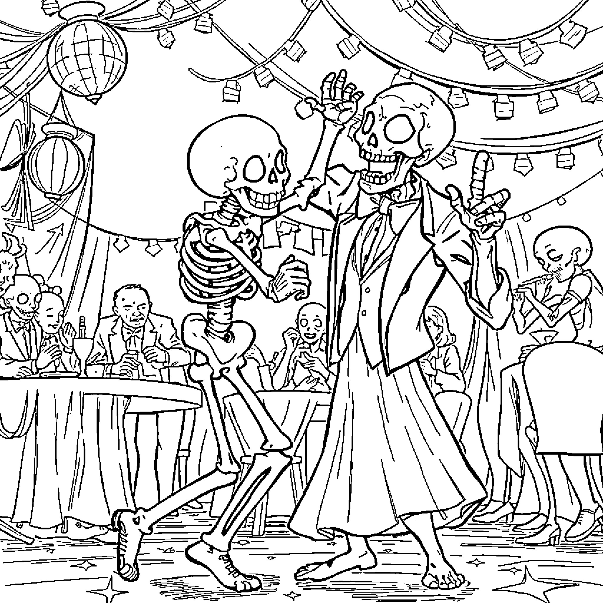 Skeleton Couple Dancing at a Festive Gathering Coloring Page (free black-and-white line drawing printable PDF for all, from beginners to advanced learners, including children, teens, adults, and seniors)