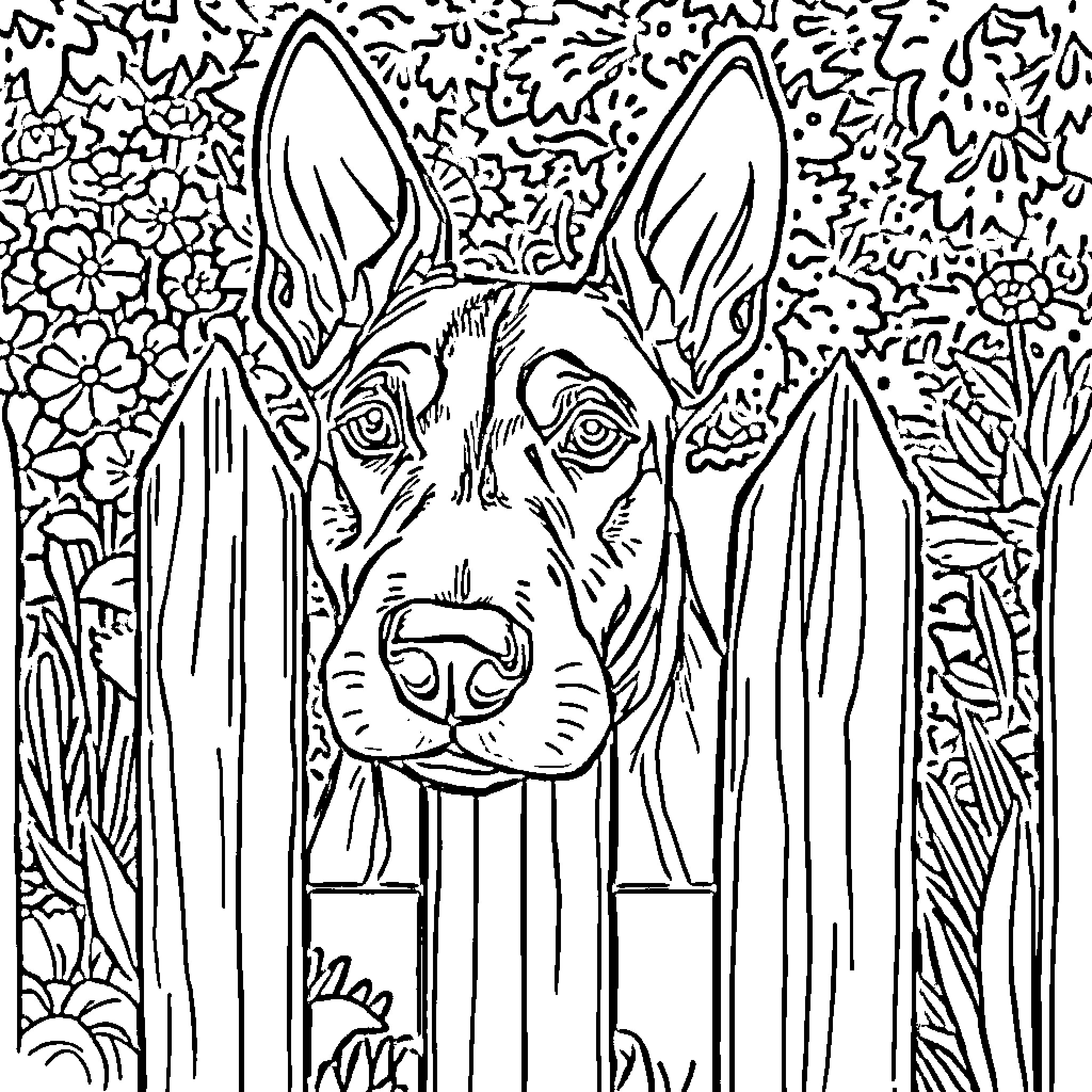 Bullterrier joyfully peeking through flowers Coloring Page (free black-and-white line drawing printable PDF for all, from beginners to advanced learners, including children, teens, adults, and seniors)