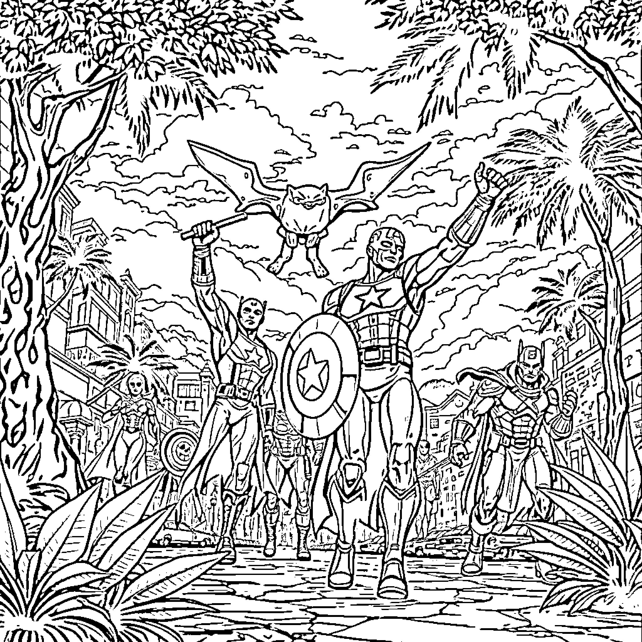 Avengers assembling in vibrant superhero scene Coloring Page (free black-and-white line drawing printable PDF for all, from beginners to advanced learners, including children, teens, adults, and seniors)