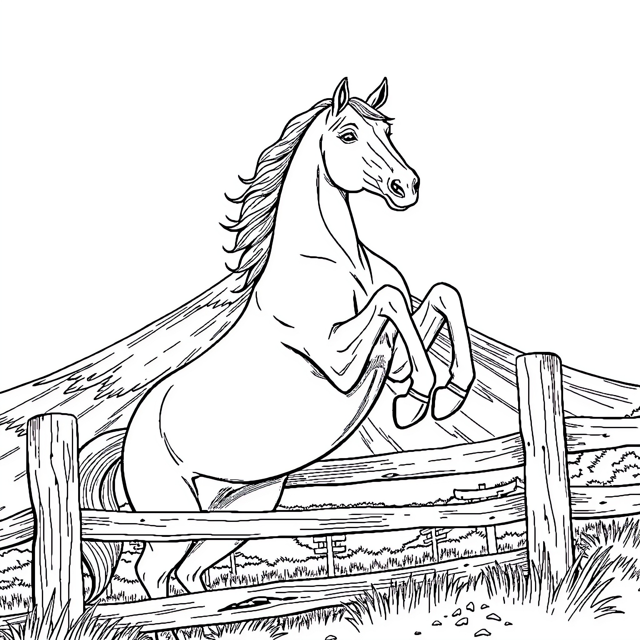 Horse jumping over a fence Coloring Page (free black-and-white line drawing printable PDF for all, from beginners to advanced learners, including children, teens, adults, and seniors)