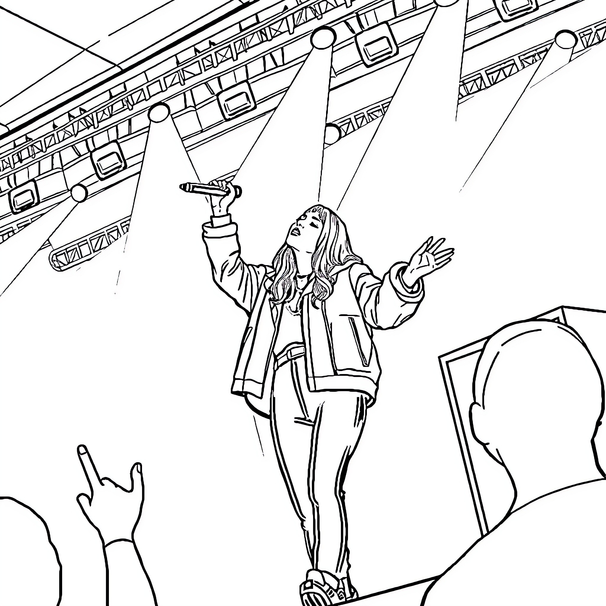 Rumi performing on stage with enthusiasm Coloring Page (free black-and-white line drawing printable PDF for all, from beginners to advanced learners, including children, teens, adults, and seniors)