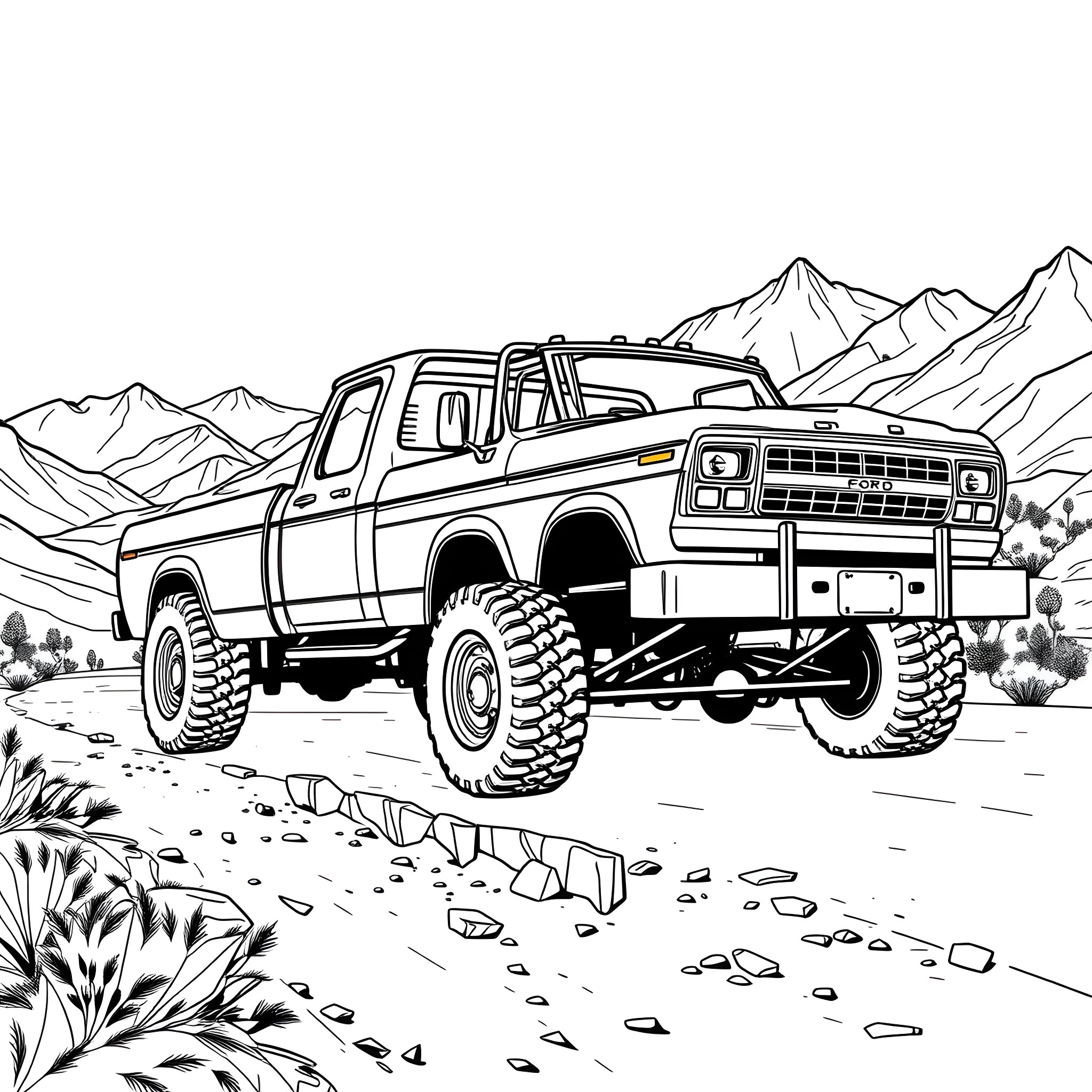 Truck Navigating Rocky Mountain Terrain Coloring Page (free black-and-white line drawing printable PDF for all, from beginners to advanced learners, including children, teens, adults, and seniors)