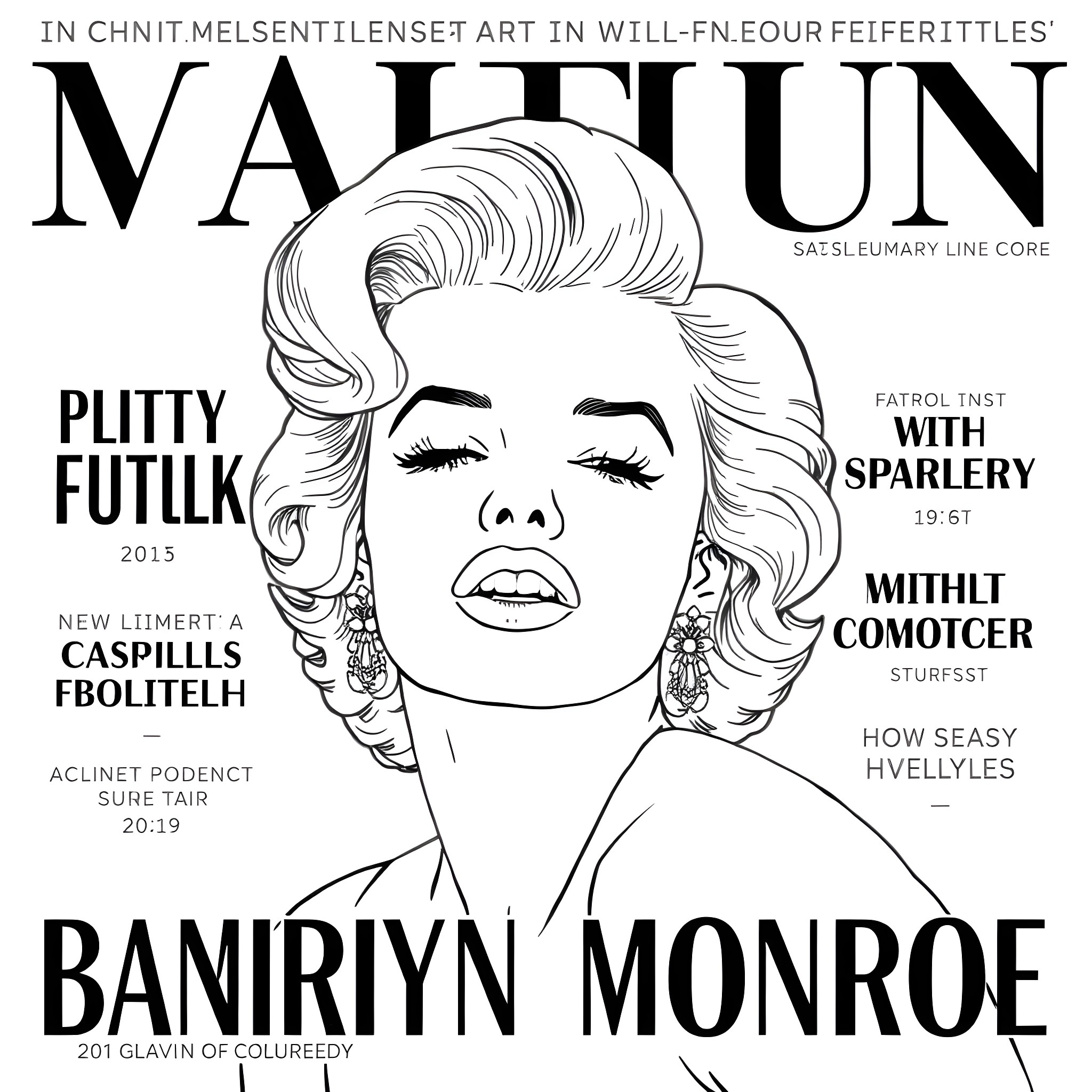 Marilyn Monroe's Glamorous Allure Coloring Page (free black-and-white line drawing printable PDF for all, from beginners to advanced learners, including children, teens, adults, and seniors)