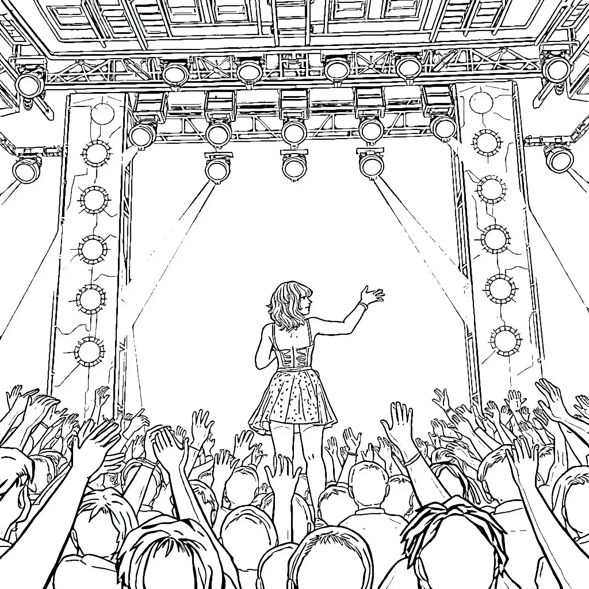 Taylor Swift performing on stage with crowd Coloring Page (free black-and-white line drawing printable PDF for all, from beginners to advanced learners, including children, teens, adults, and seniors)