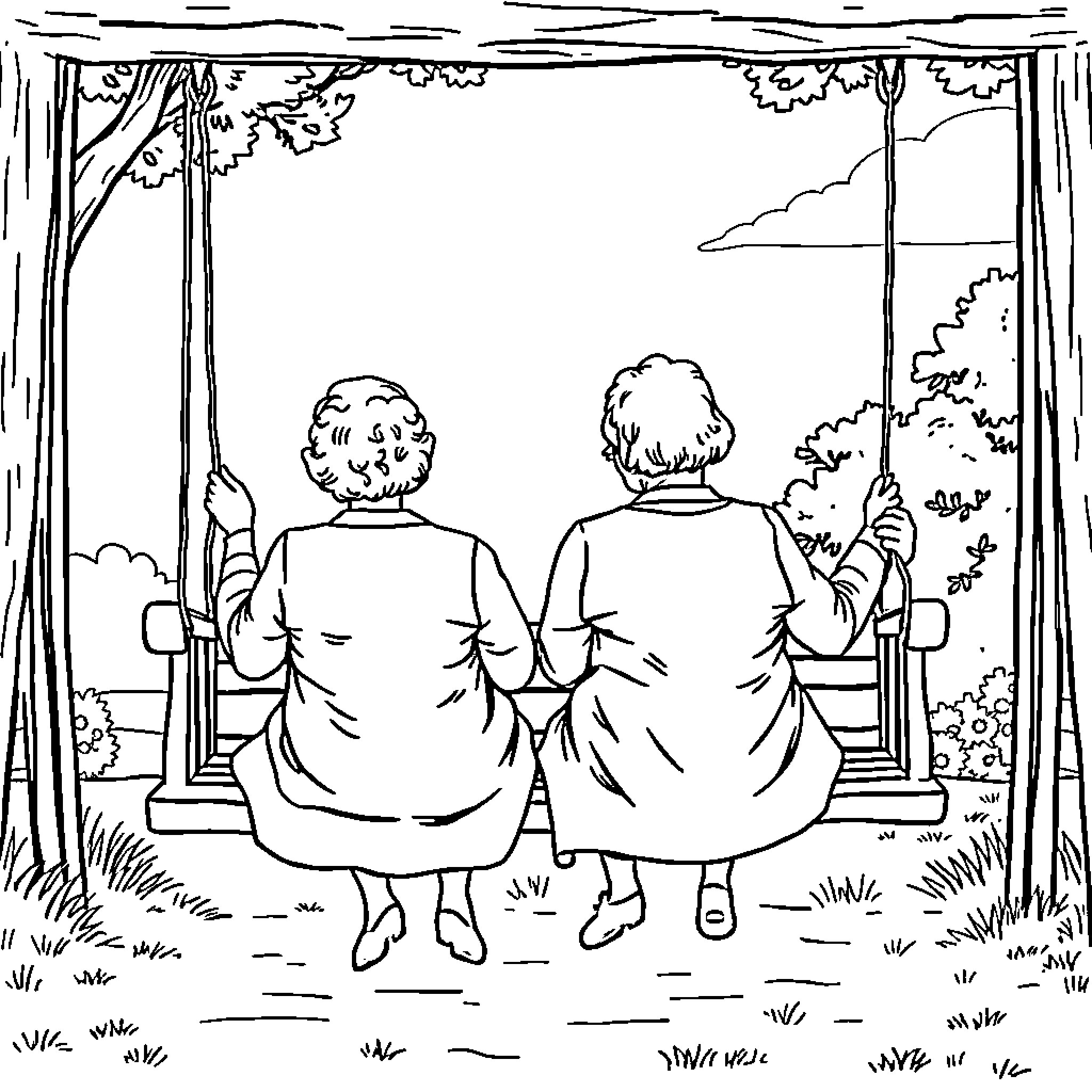 Old Ladies Enjoying a Peaceful Afternoon on the Porch Coloring Page (free black-and-white line drawing printable PDF for all, from beginners to advanced learners, including children, teens, adults, and seniors)