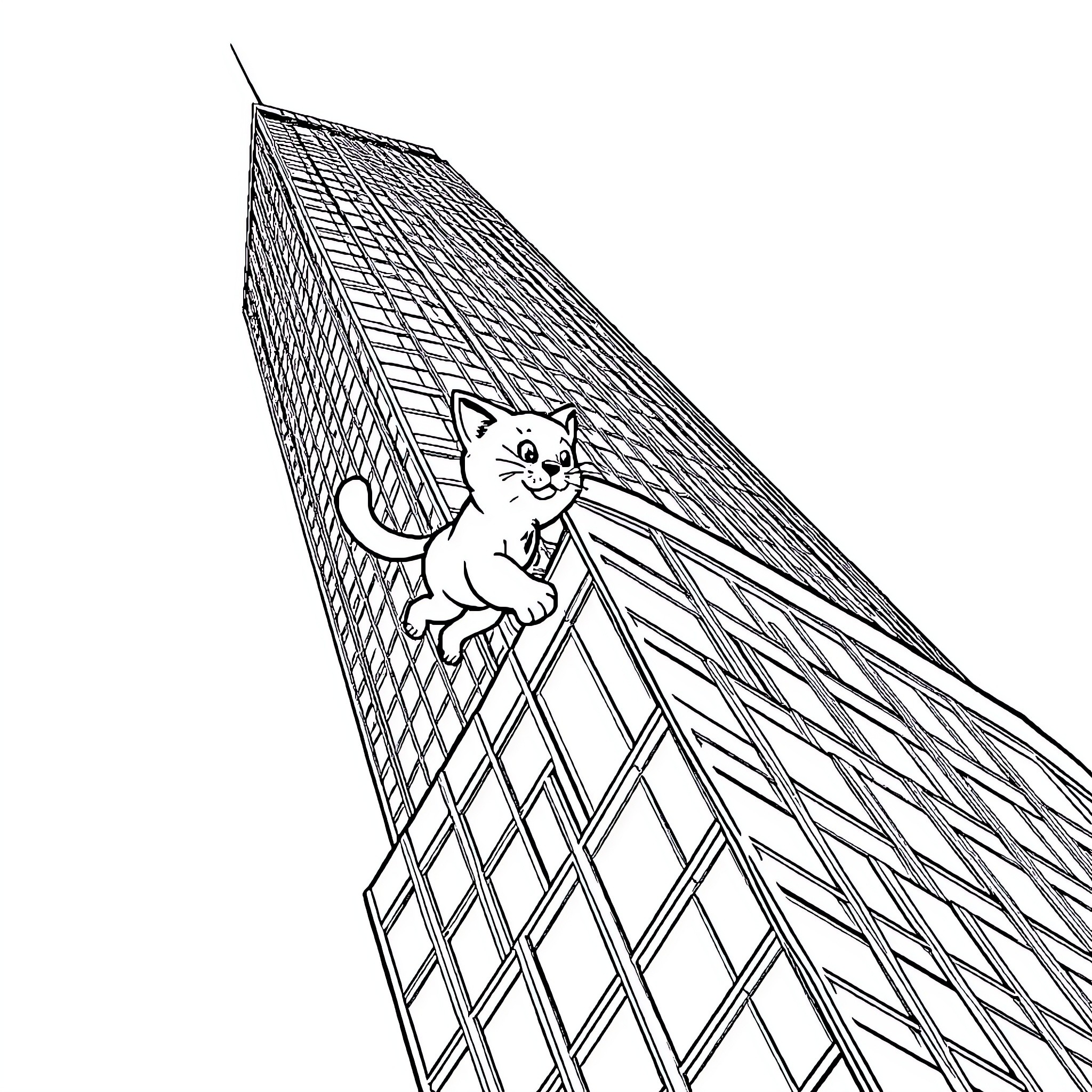 Cat climbing modern skyscraper tower Coloring Page (free black-and-white line drawing printable PDF for all, from beginners to advanced learners, including children, teens, adults, and seniors)