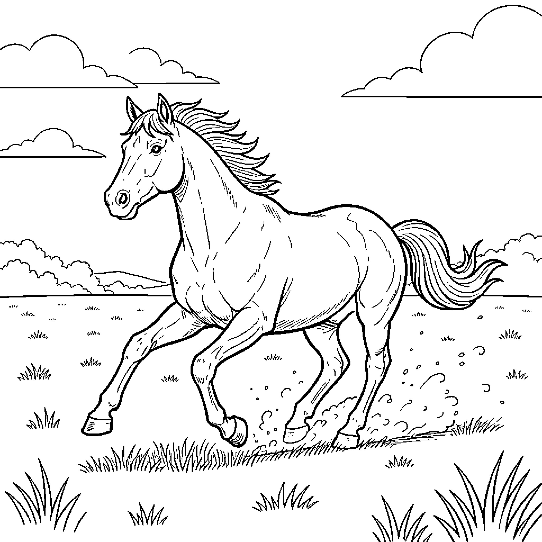 Quarter Horse galloping through an open field Coloring Page (free black-and-white line drawing printable PDF for all, from beginners to advanced learners, including children, teens, adults, and seniors)