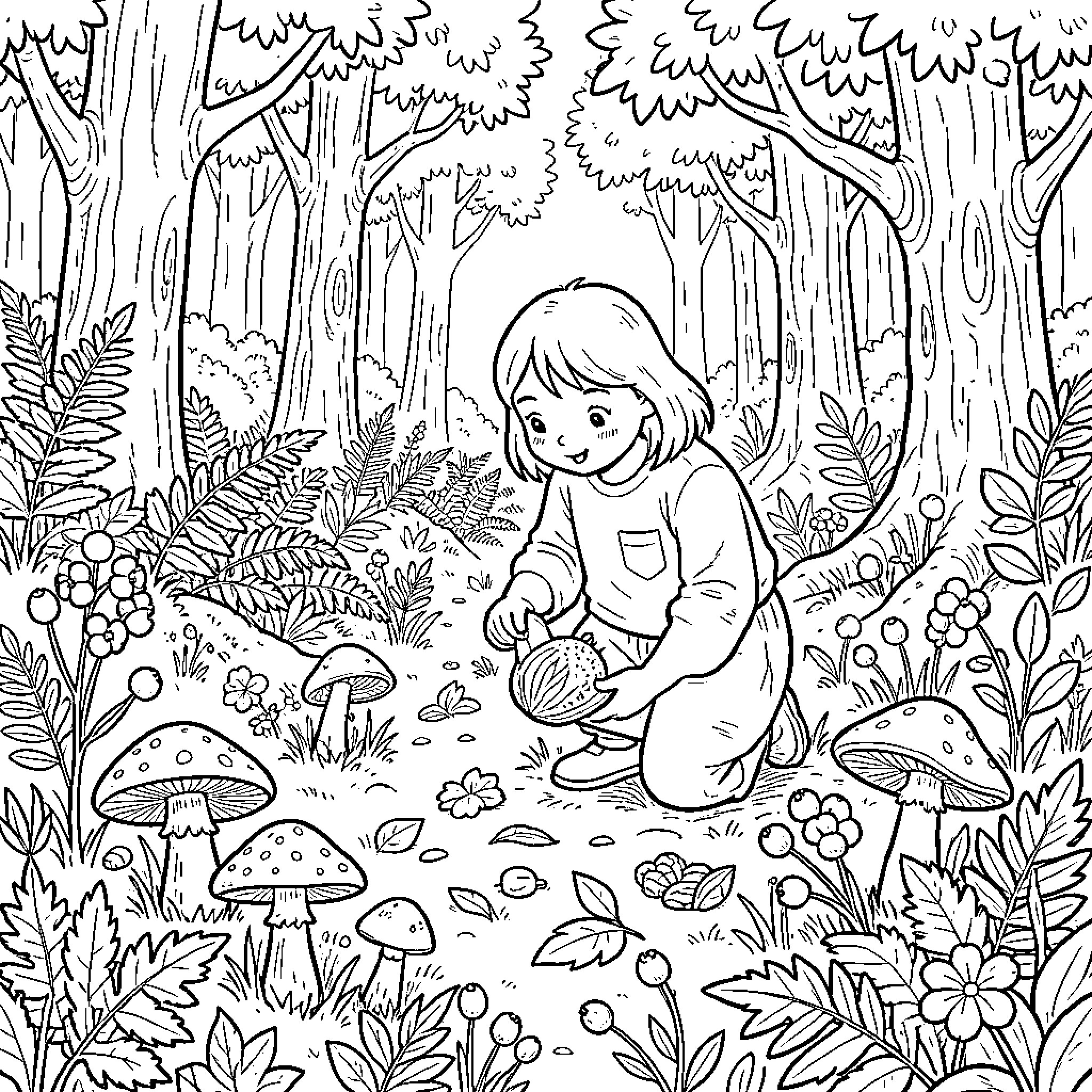 Foraging for Mushrooms in the Enchanted Forest Coloring Page (free black-and-white line drawing printable PDF for all, from beginners to advanced learners, including children, teens, adults, and seniors)