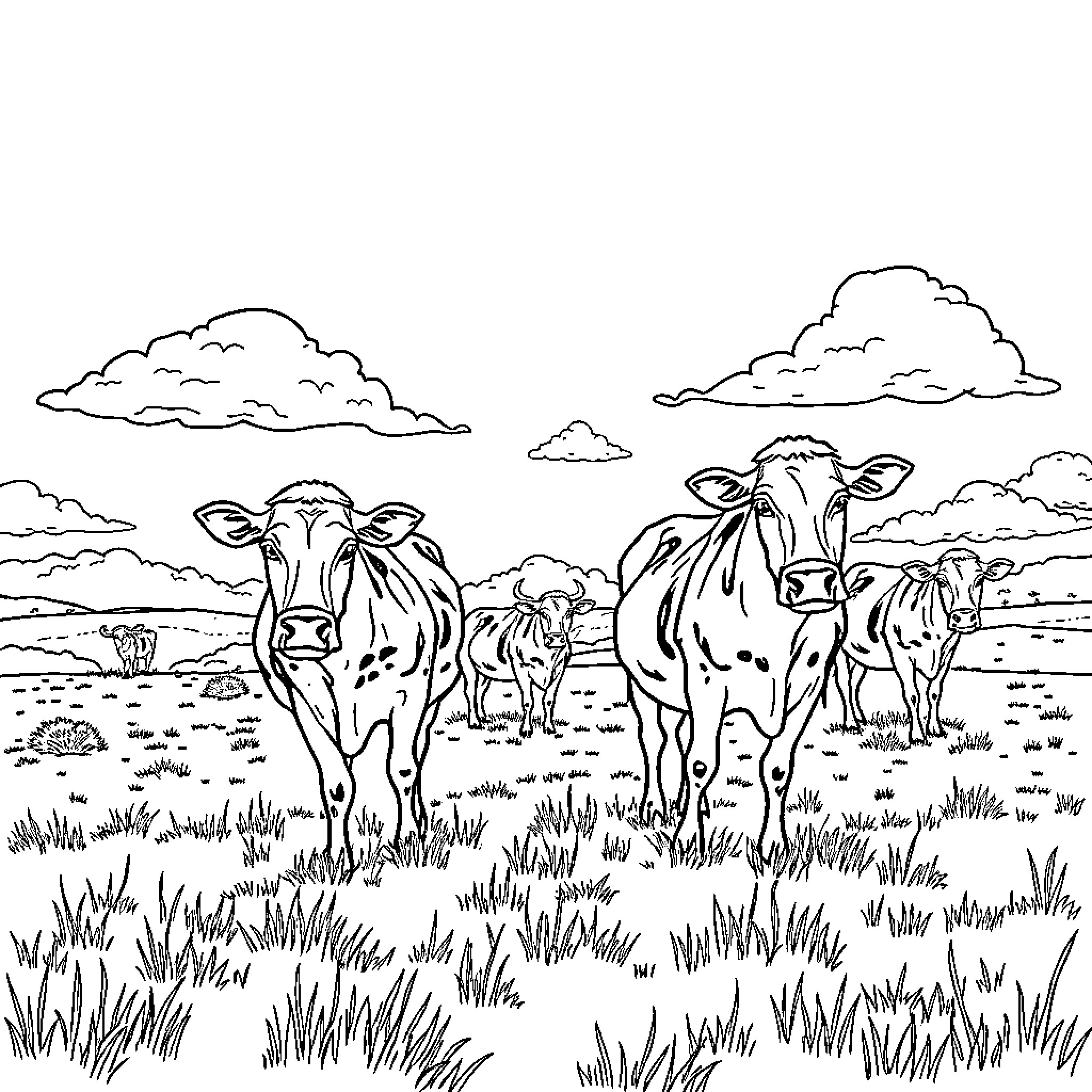 Cows grazing peacefully in the meadow Coloring Page (free black-and-white line drawing printable PDF for all, from beginners to advanced learners, including children, teens, adults, and seniors)