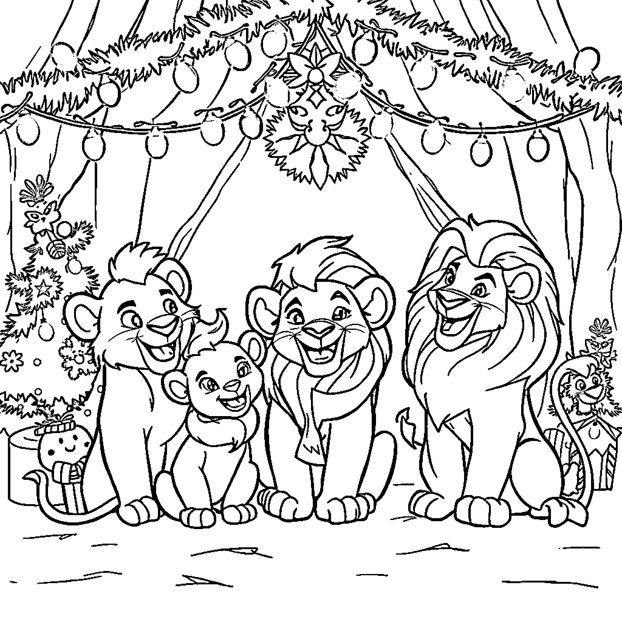 Lion family celebrating in the jungle Coloring Page (free black-and-white line drawing printable PDF for all, from beginners to advanced learners, including children, teens, adults, and seniors)